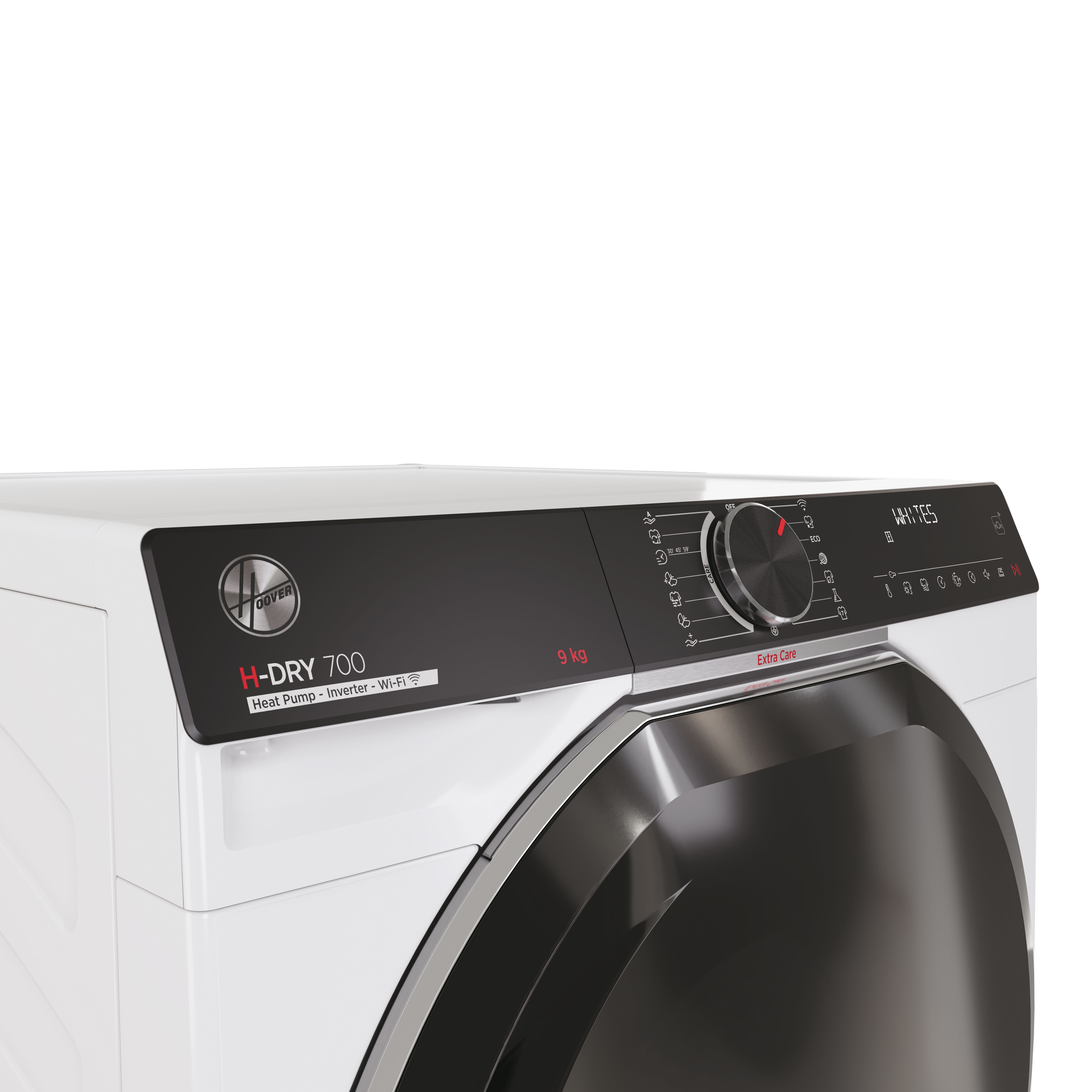 Asciugatrice Hoover bianca, pannello nero con manopola e display con impostazioni come Whites e Extra Care.