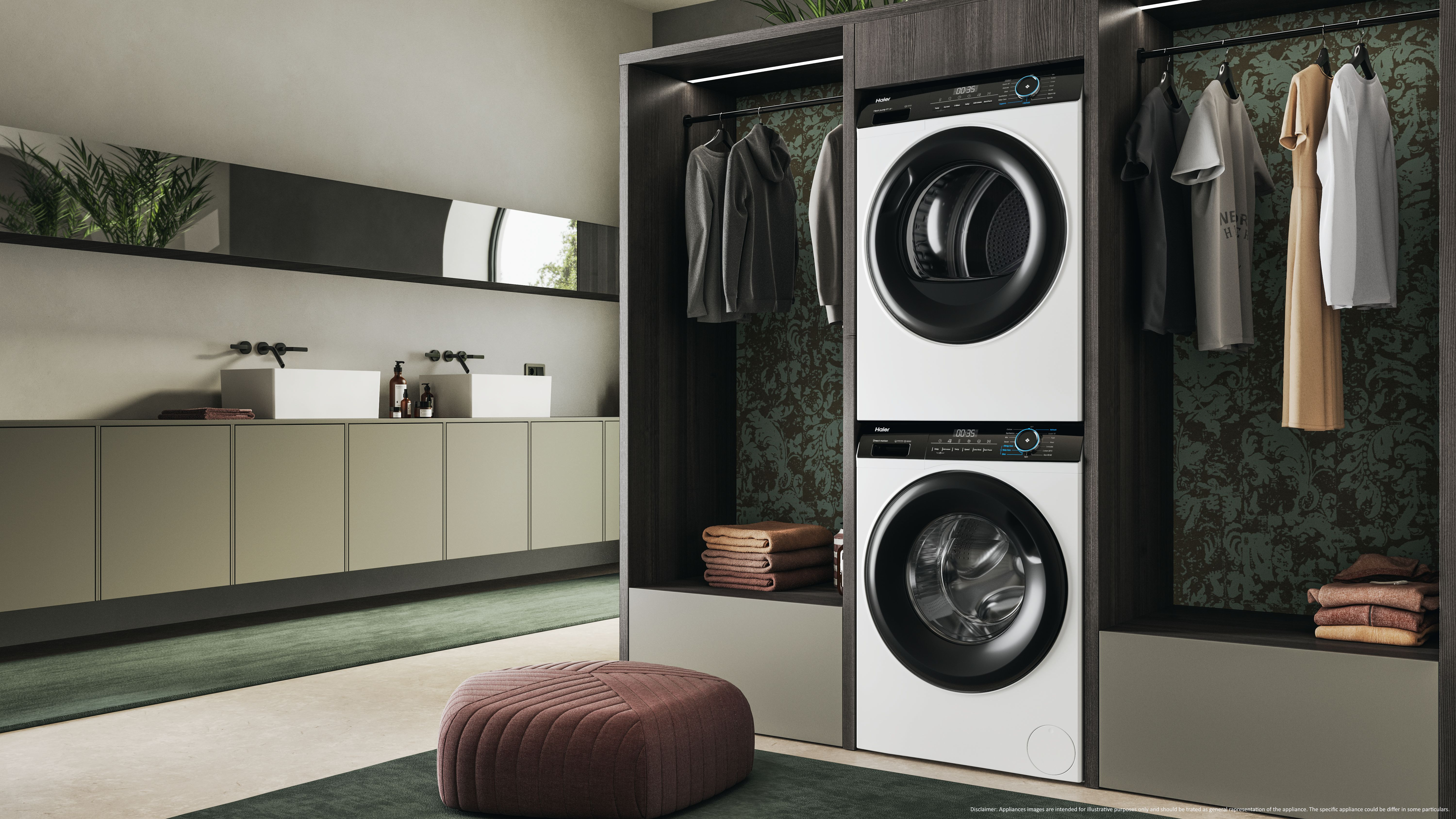 Nowoczesna pralnia z białą pralką i suszarką, ubraniami, ławką i umywalką. Ściany są w neutralnych kolorach.