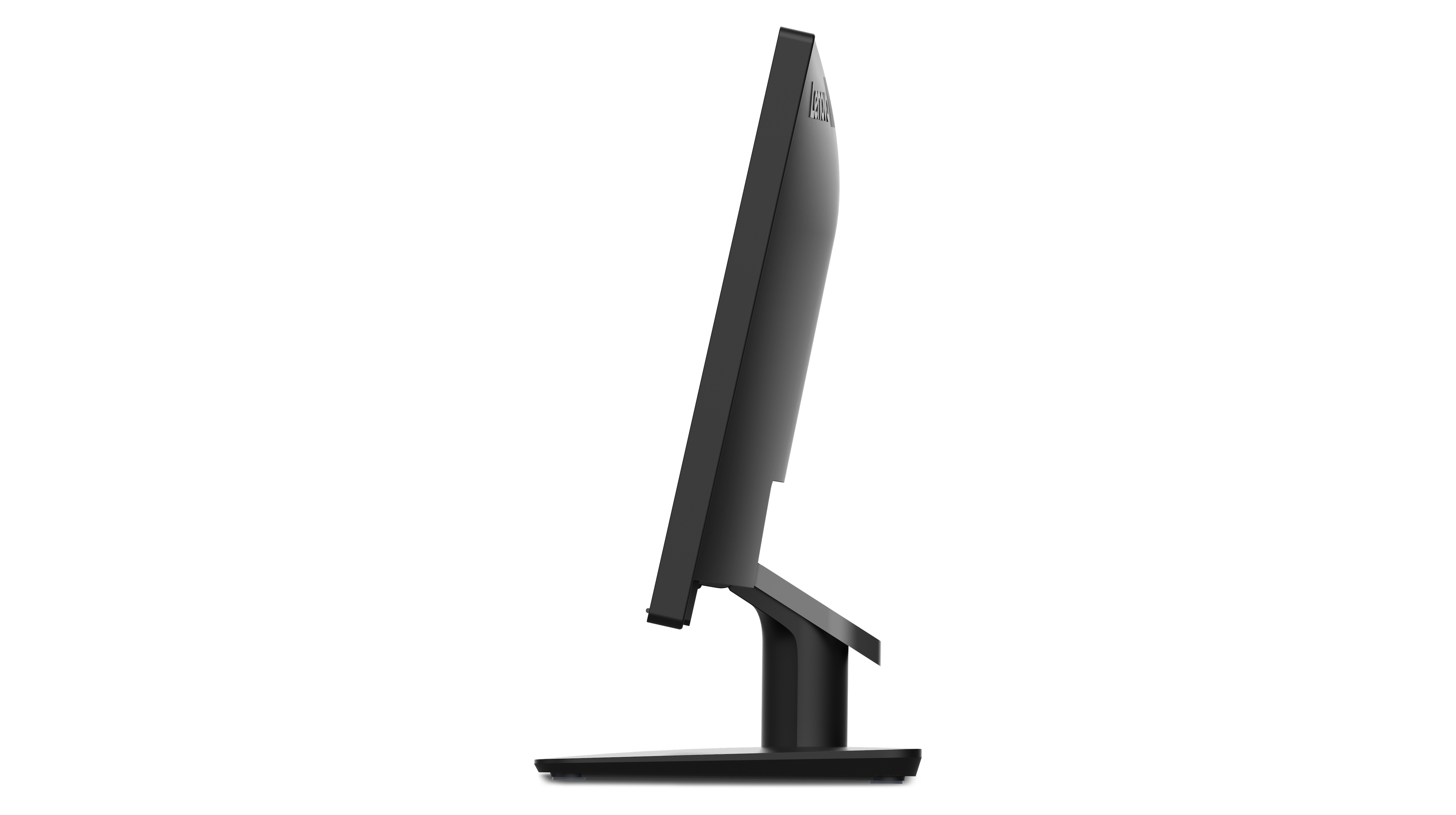 Widok z boku czarnego monitora komputera na białym tle. Monitor stoi pionowo i ma prostokątną podstawę.