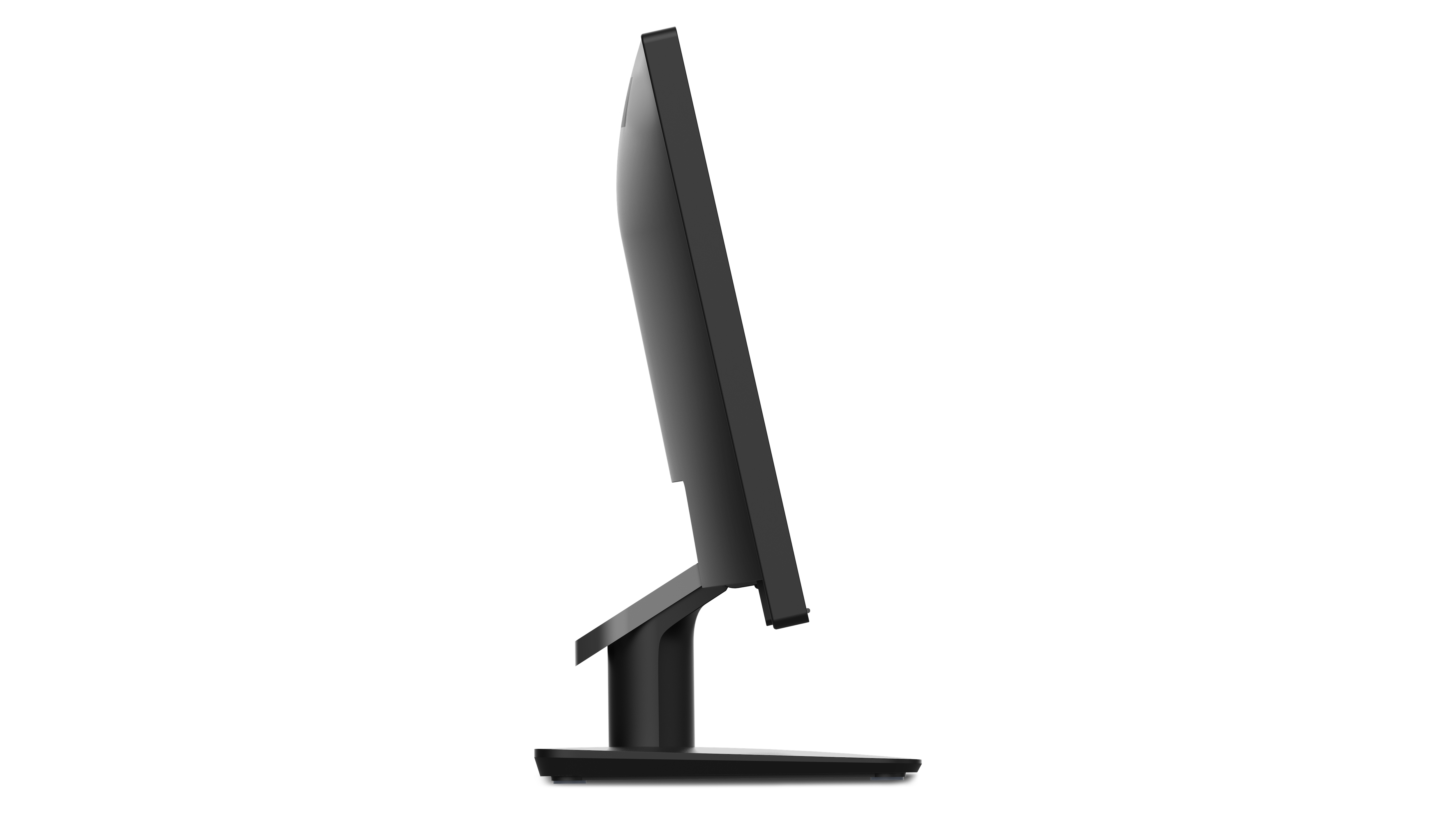 Widok z boku czarnego monitora komputera. Ekran jest cienki i ma czarną podstawę. Tło jest białe.