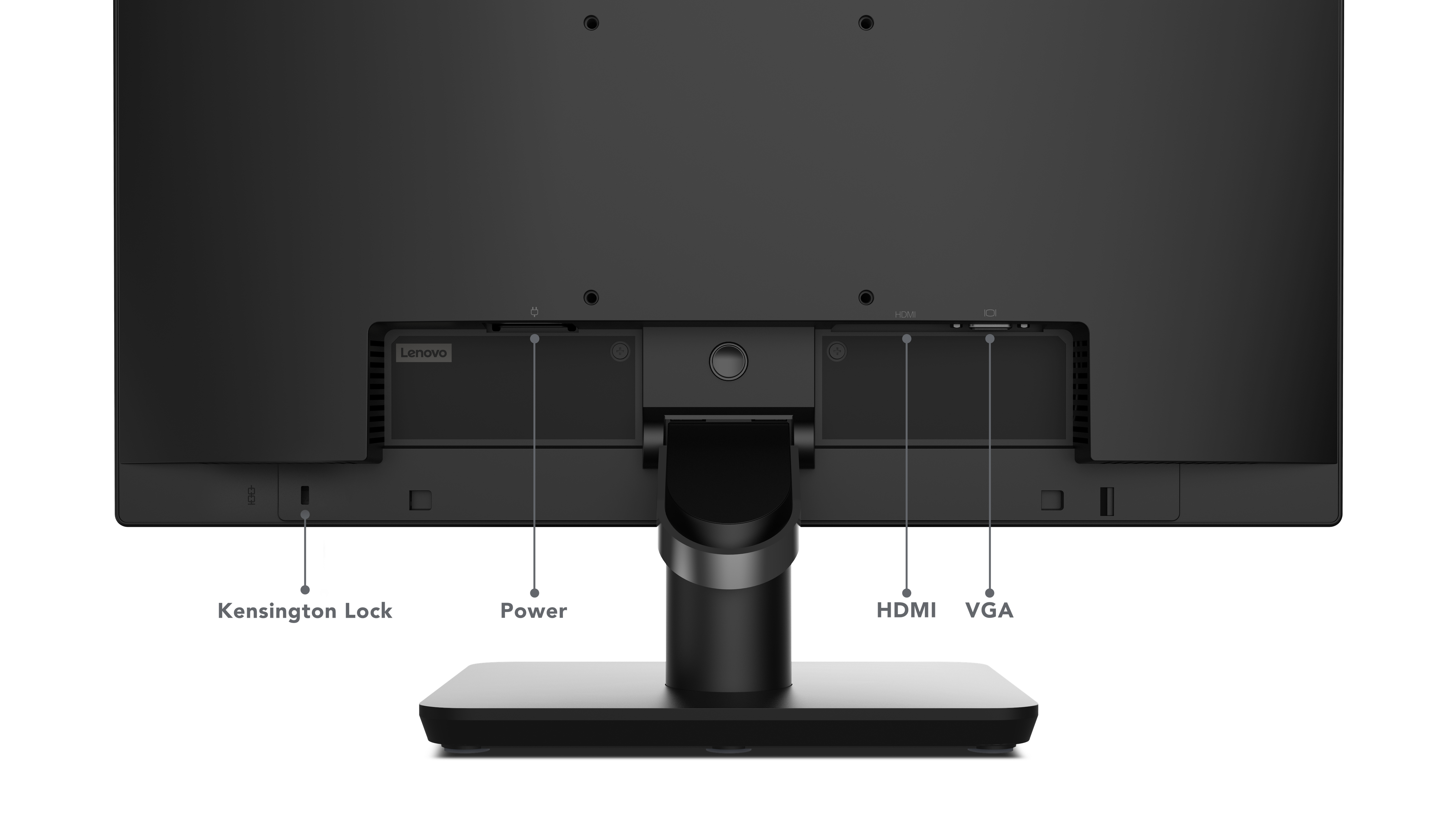 Widok z tyłu czarnego monitora Lenovo. Zawiera Kensington Lock, porty zasilania, HDMI i VGA oraz podstawę.