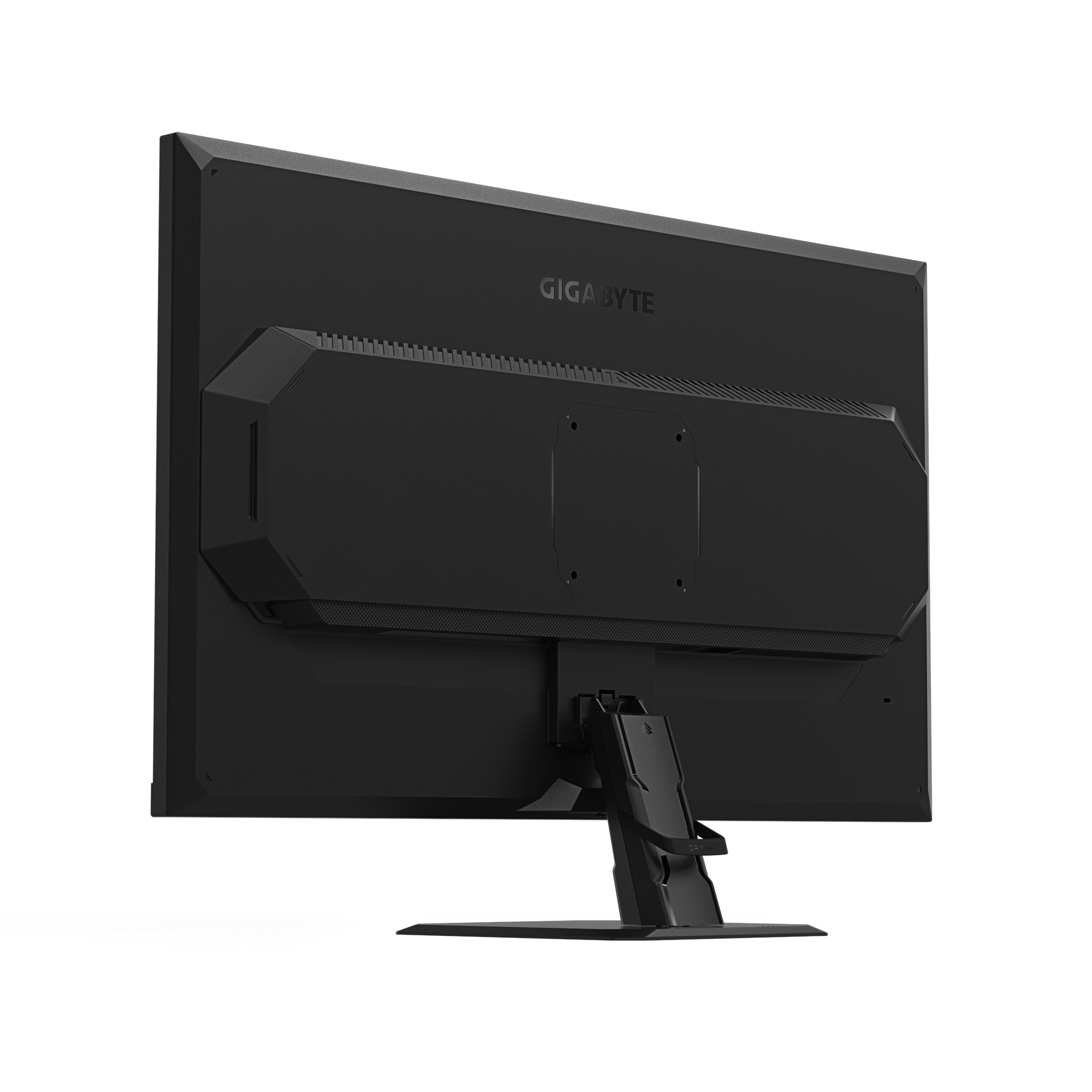 Vue arrière d'un moniteur Gigabyte noir. Il a un pied et un cadre noir. Le logo est visible.