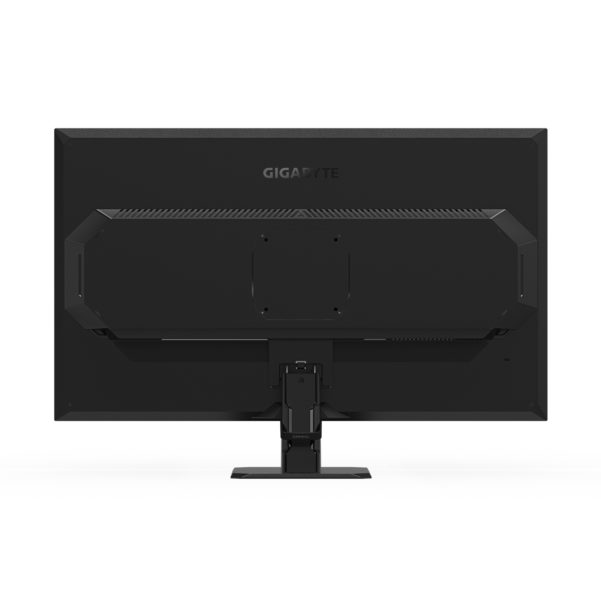Dos d'écran Gigabyte noir. Comprend support, aérations et le logo Gigabyte.