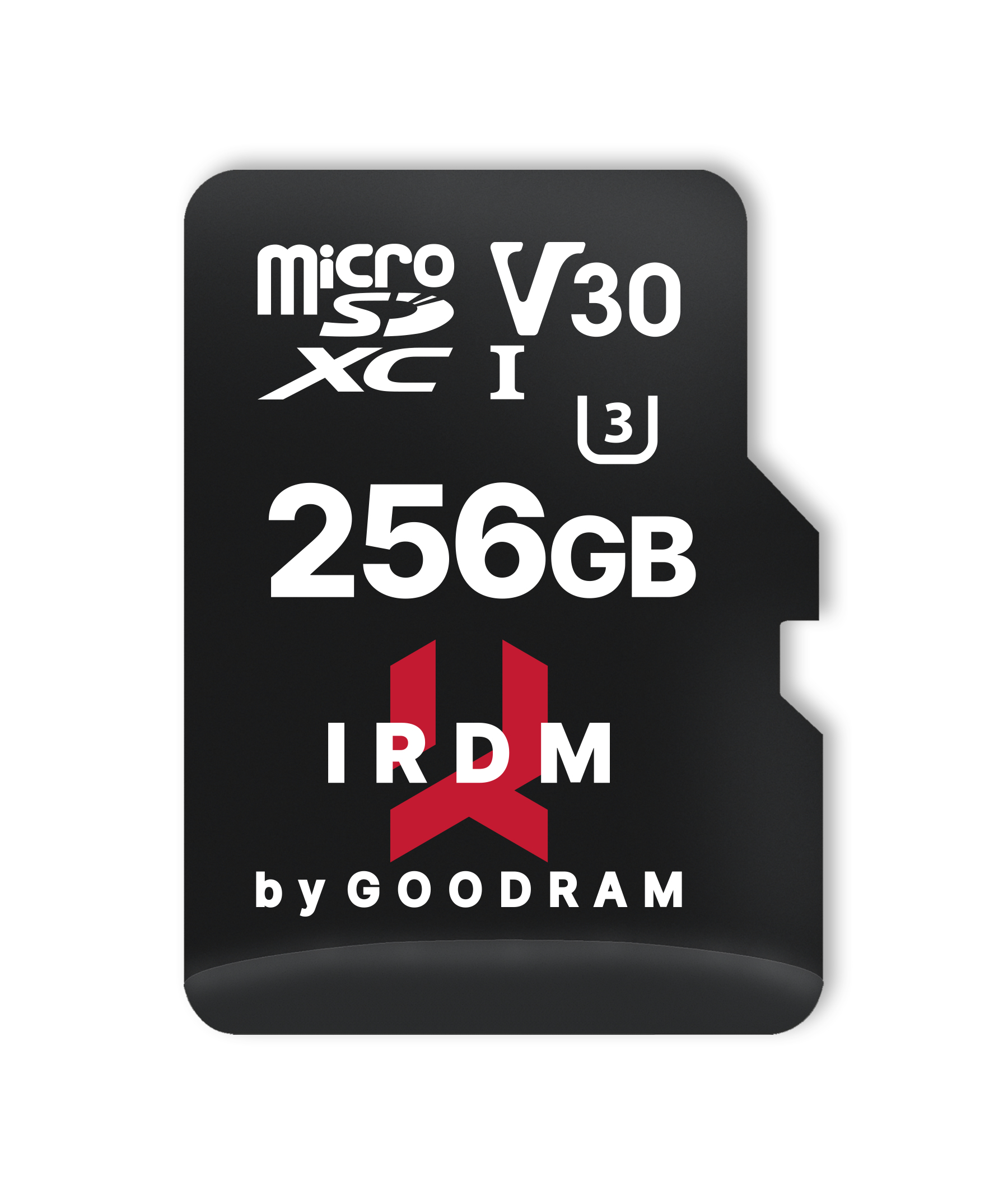 Eine schwarze SD-Karte mit weißem Text. Sie lautet '256GB' und 'IRDM by GOODRAM'. Die Karte hat ein rotes Logo.