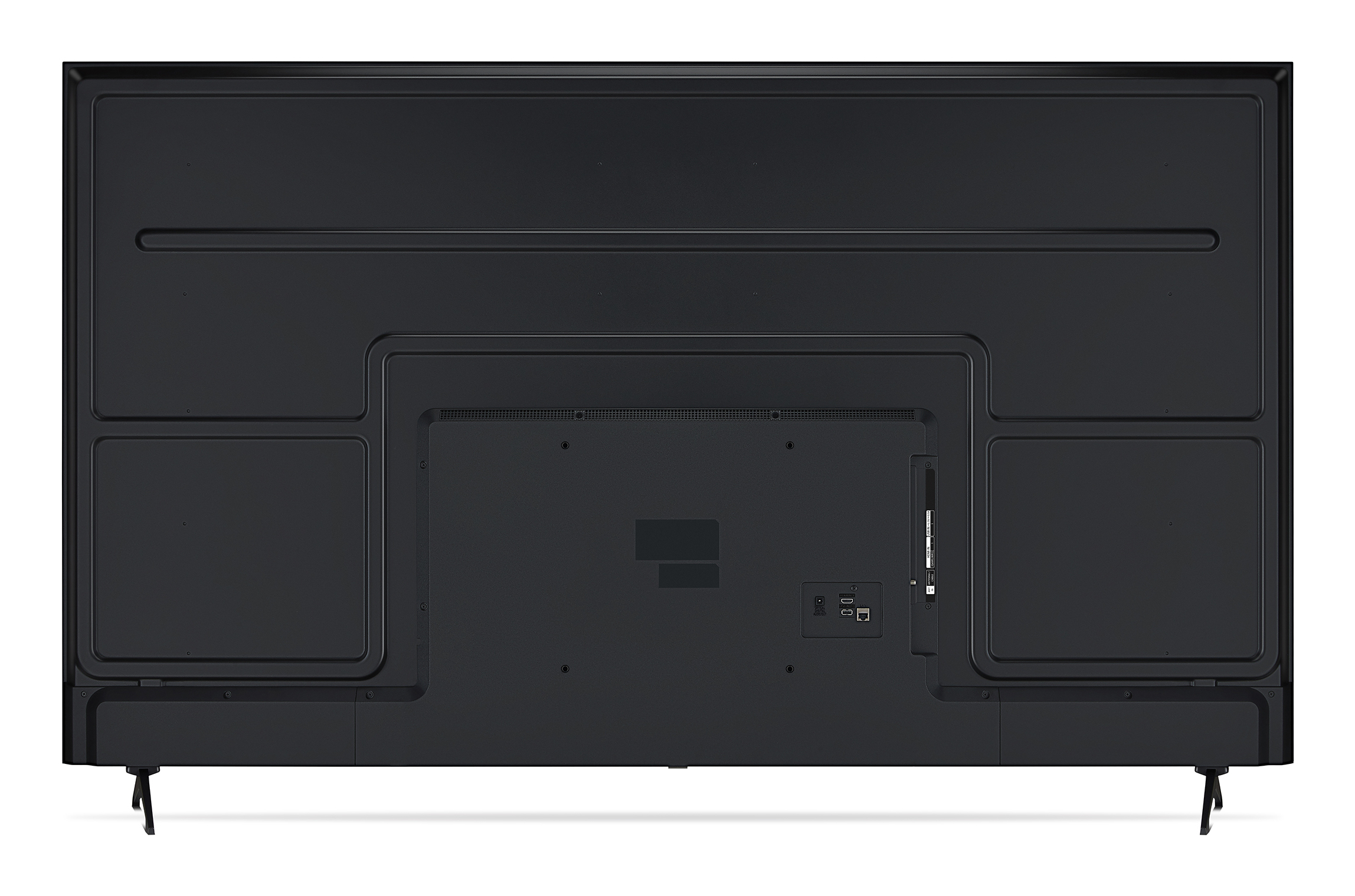 Widok z tyłu czarnego telewizora. Zawiera porty, otwory wentylacyjne i stojak. Rama jest czarna.