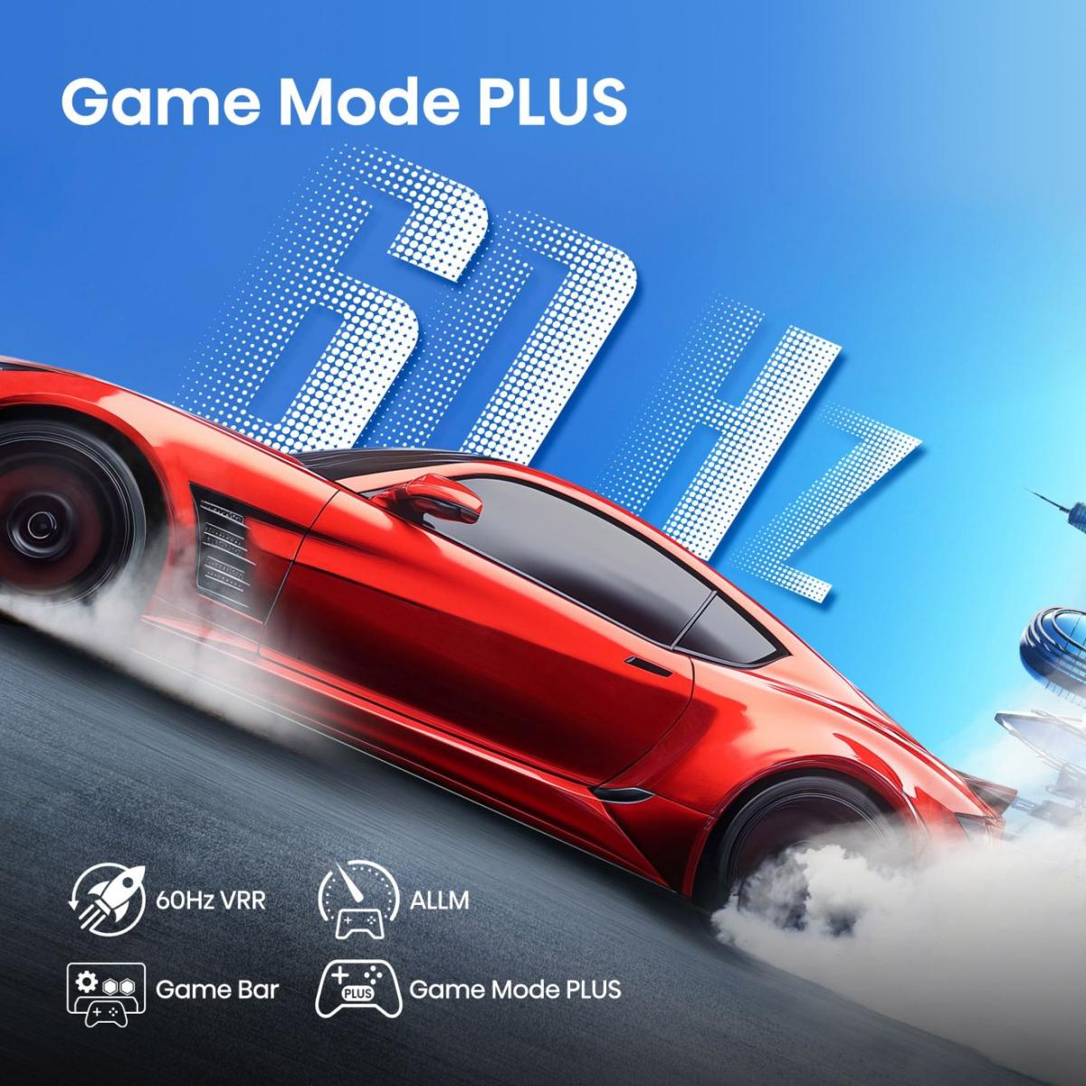 Czerwony samochód sportowy na niebieskim tle. Tekst 'Game Mode PLUS' z ikonami funkcji: 60Hz VRR, ALLM, Game Bar i Game Mode PLUS.