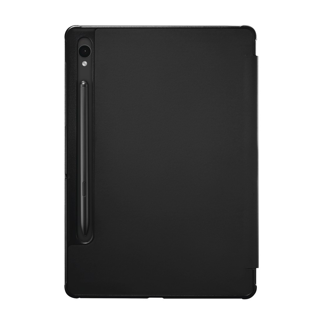Tablette noire avec un stylet sur le côté. La tablette est dans un étui et possède un objectif de caméra.