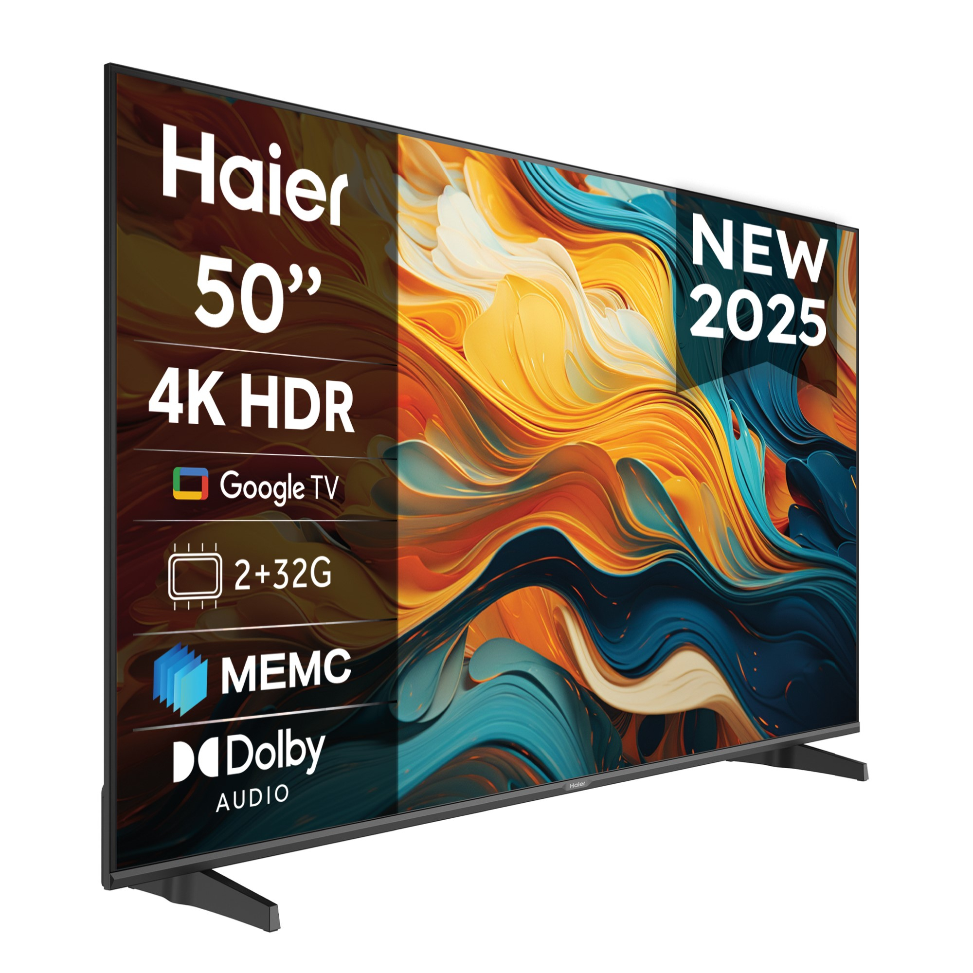Un televisore Haier 50" 4K HDR. Include Google TV, 2+32G, MEMC e Dolby Audio. Lo schermo mostra arte astratta.