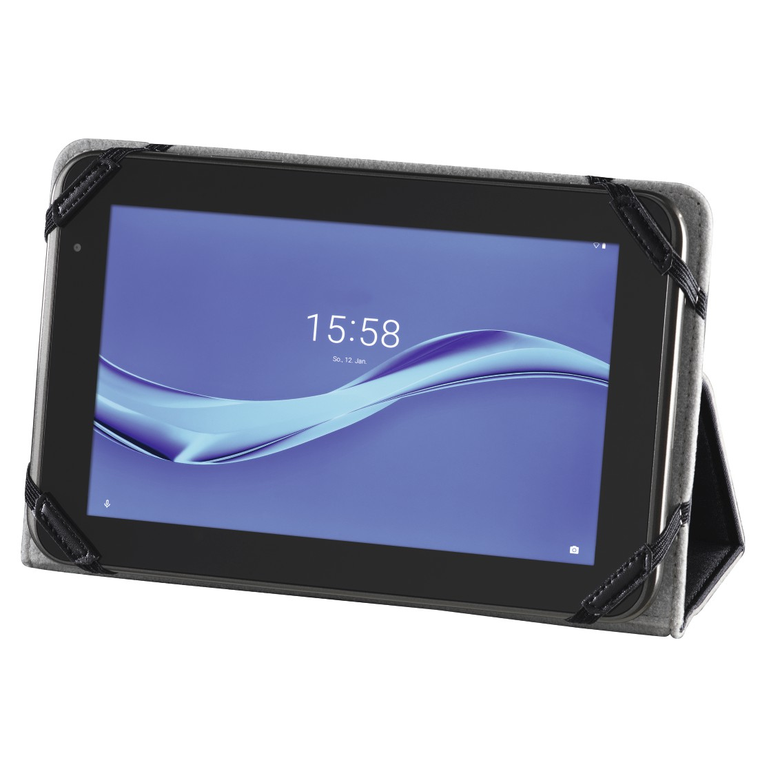 Ein Tablet in einem grauen Gehäuse zeigt die Uhrzeit 15:58 an. Das Gehäuse hat schwarze Riemen und einen Ständer.
