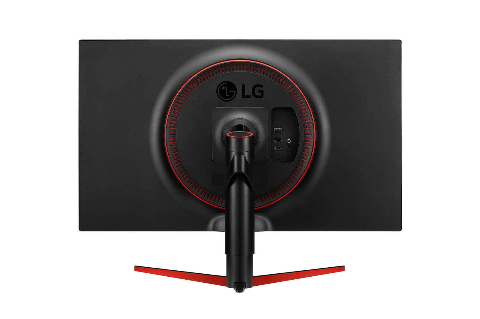 Vista posteriore di un monitor LG nero. Ha un anello rosso sul retro e un supporto rosso. Le porte sono visibili.