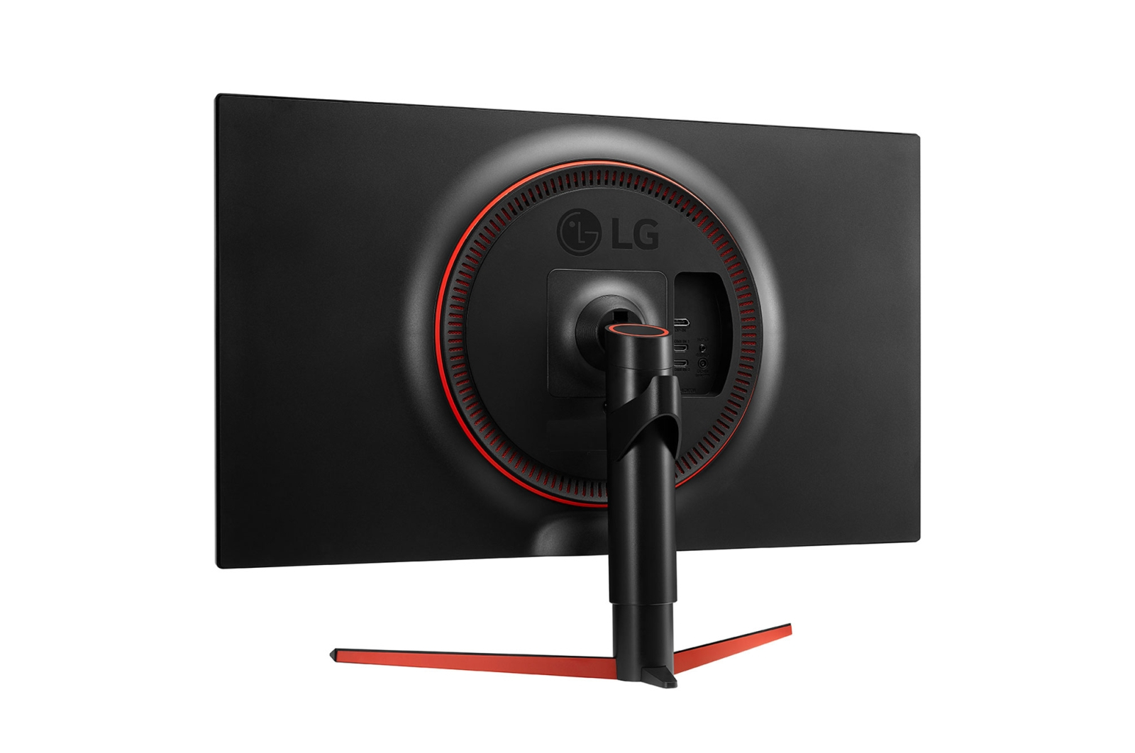 Vista posteriore di un monitor LG nero con dettagli rossi. Il supporto e l'anello attorno alle porte sono rossi. Il logo LG è visibile.
