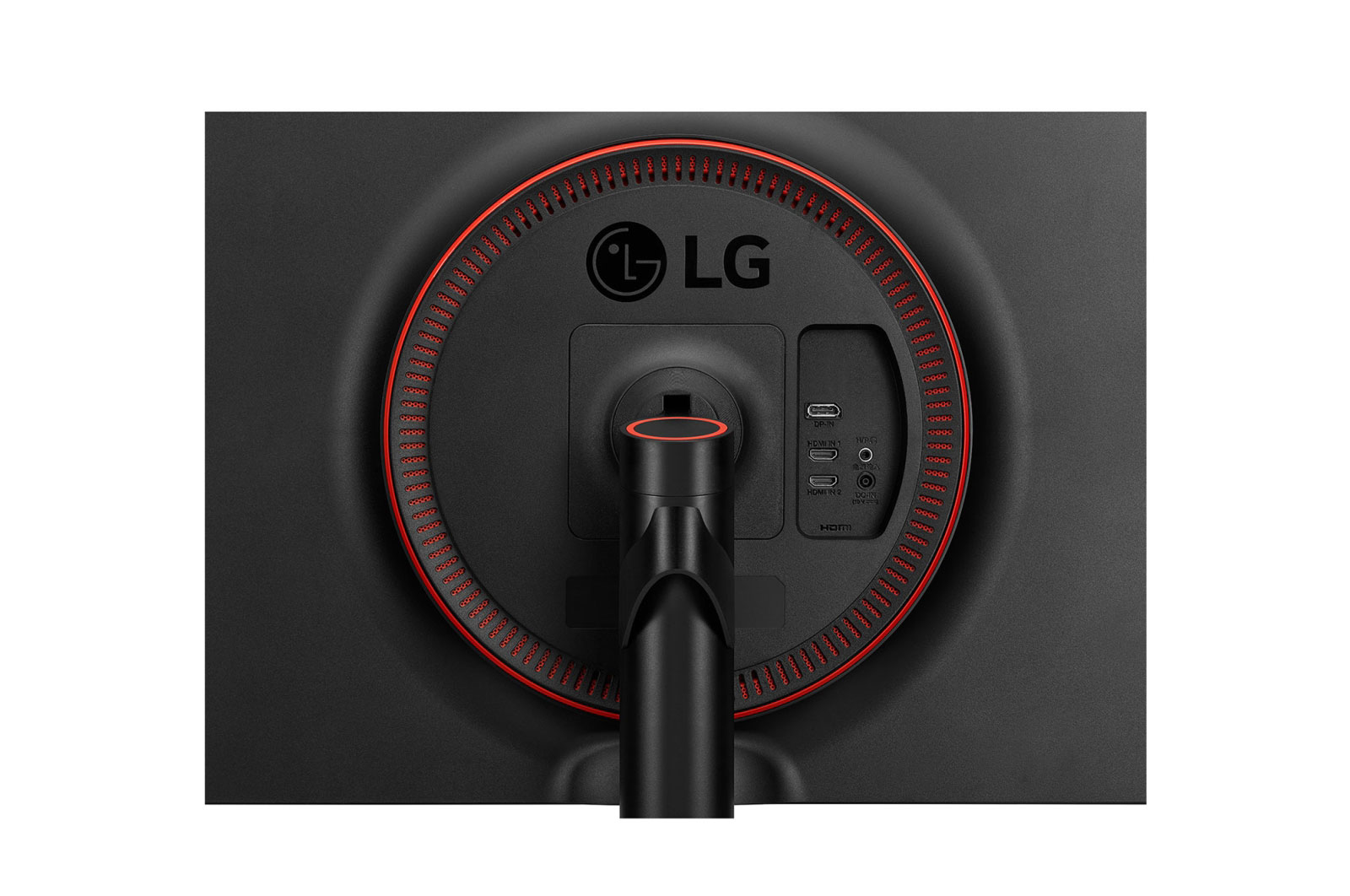 Retro di un monitor LG nero con dettagli rossi. Porte e logo LG visibili.