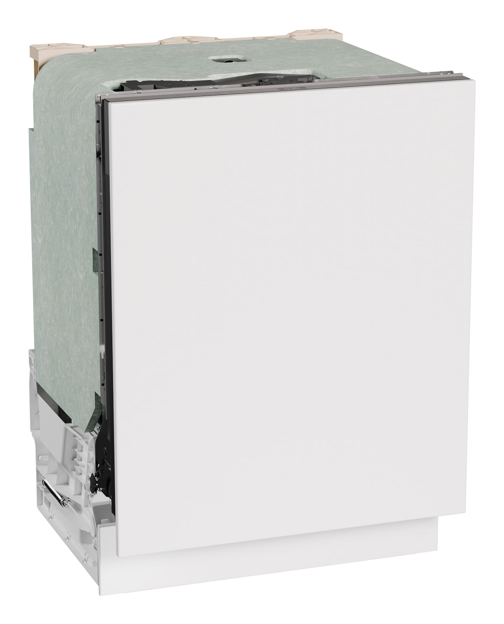 Biała zmywarka z białymi drzwiami, jasnozieloną izolacją i beżową górną ramą. Widoczne części.