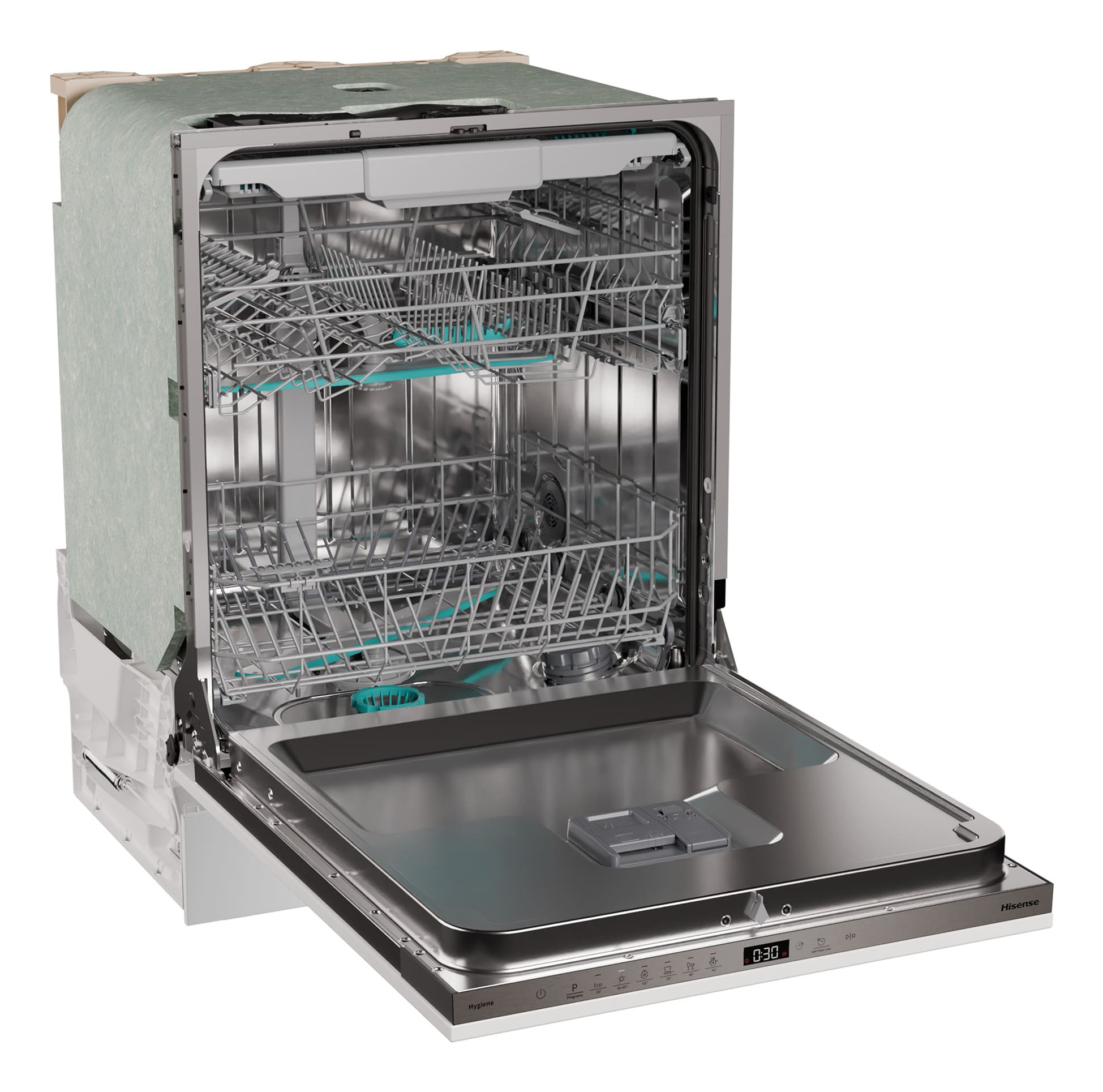 Otwarta zmywarka z widocznymi koszami. Wnętrze ze stali nierdzewnej, otwarte drzwi. Wyświetlacz cyfrowy pokazuje 0:30. Zielony panel na górze.
