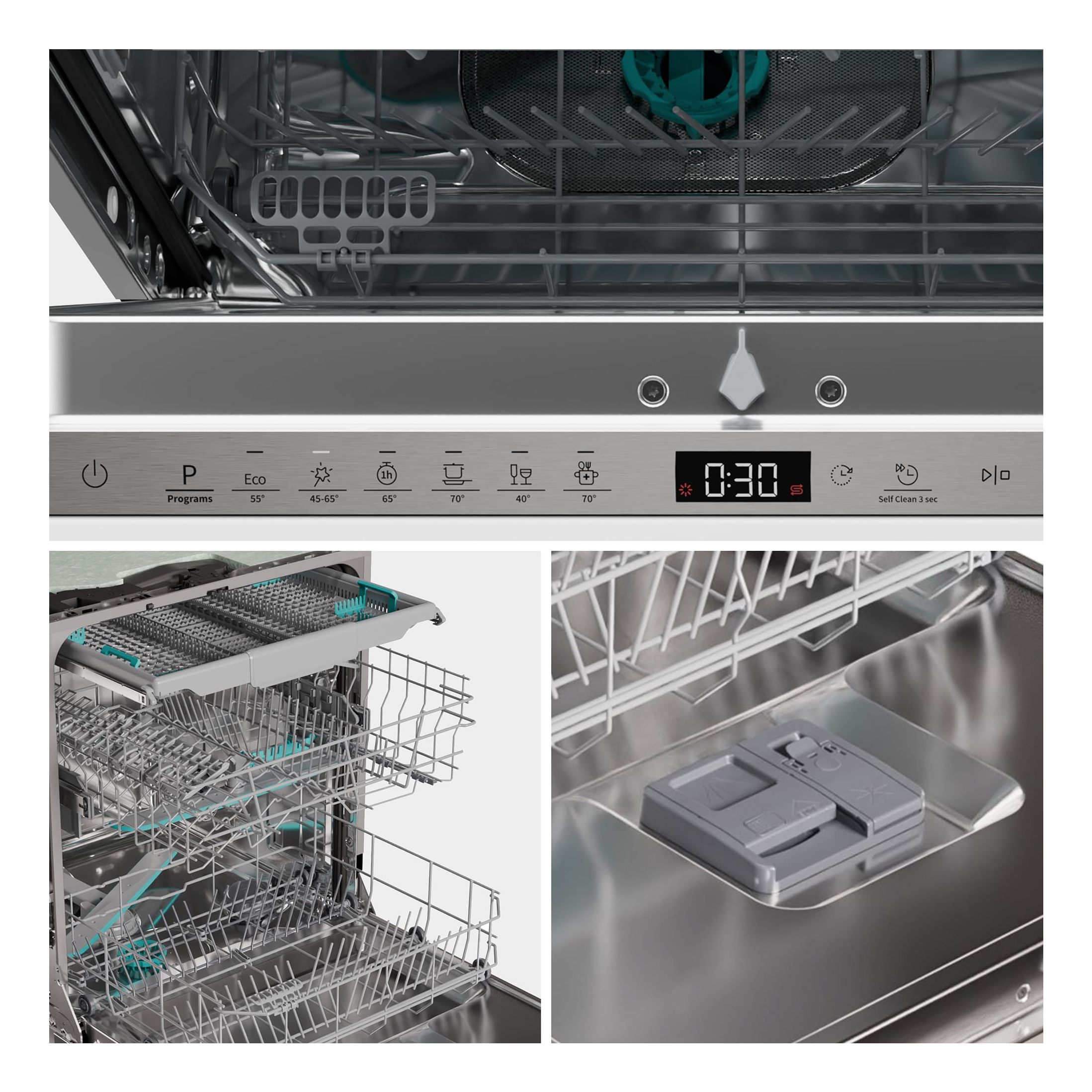 Widok wewnętrzny zmywarki. Pokazuje kosze, panel sterowania z ustawieniami i timer 0:30.