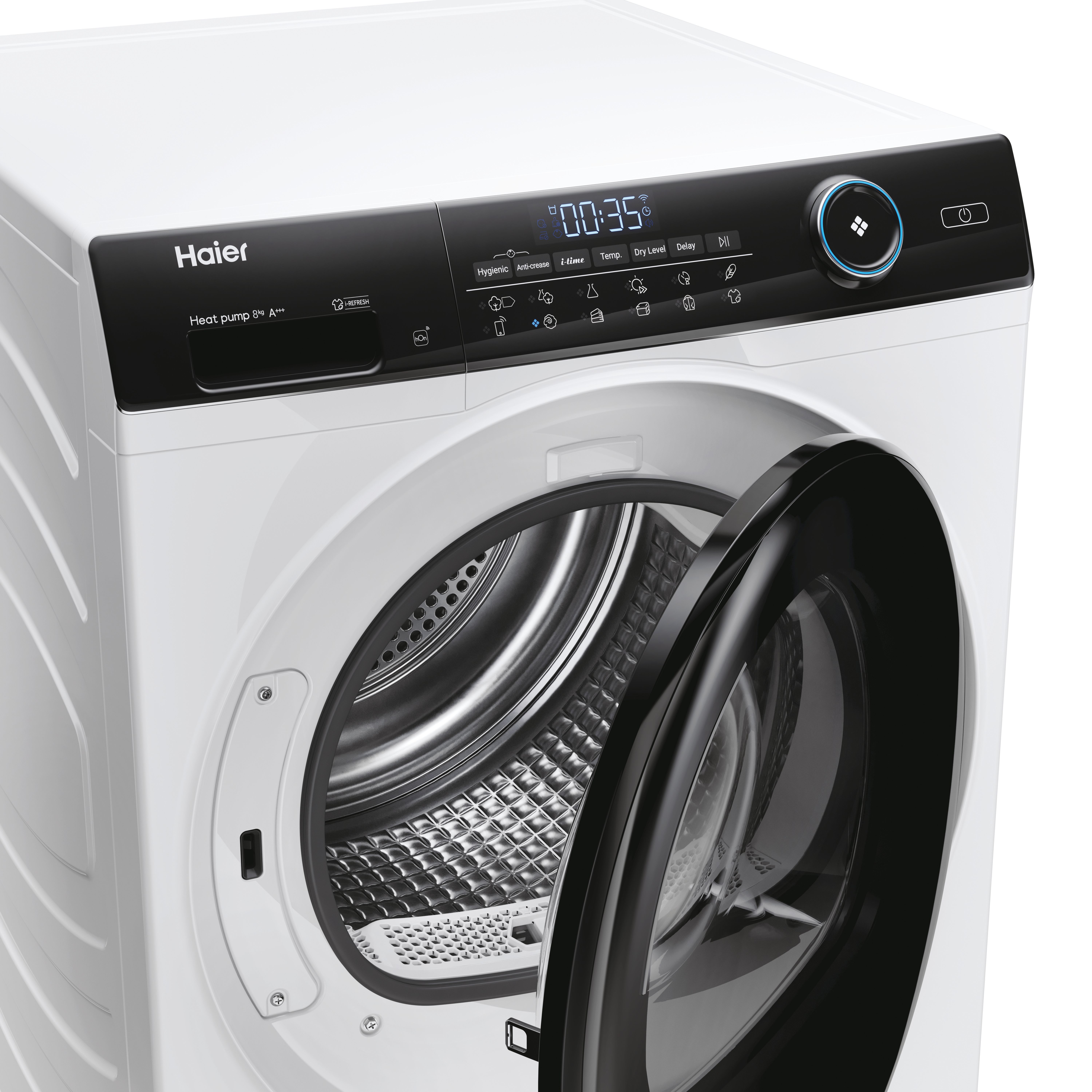 Asciugatrice Haier bianca con porta aperta, che mostra il cestello. Il display digitale mostra 00:35. Pannello comandi nero.