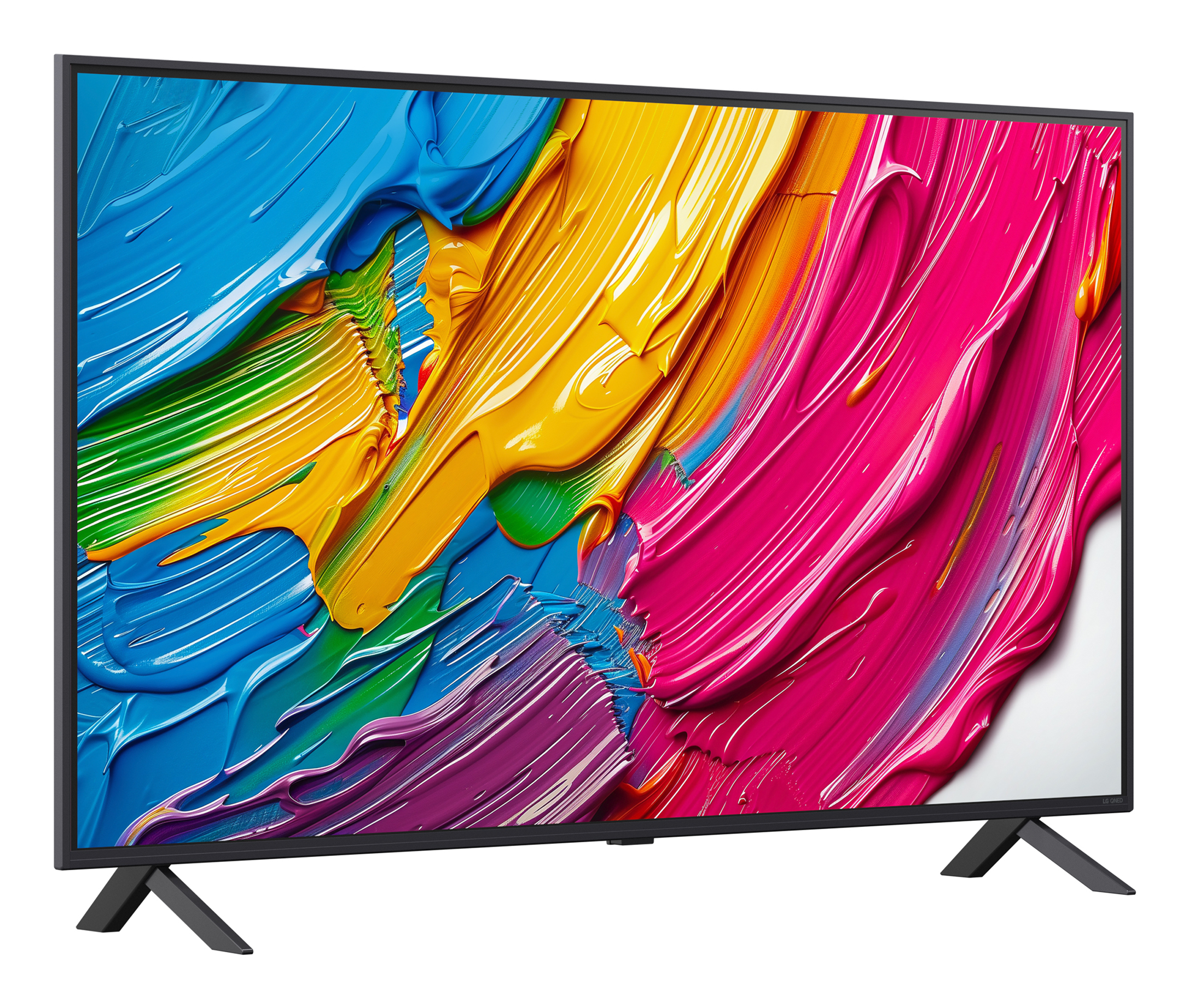 Un televisor muestra arte abstracto colorido con pinceladas azules, amarillas y rosas. Tiene patas negras y marco negro.