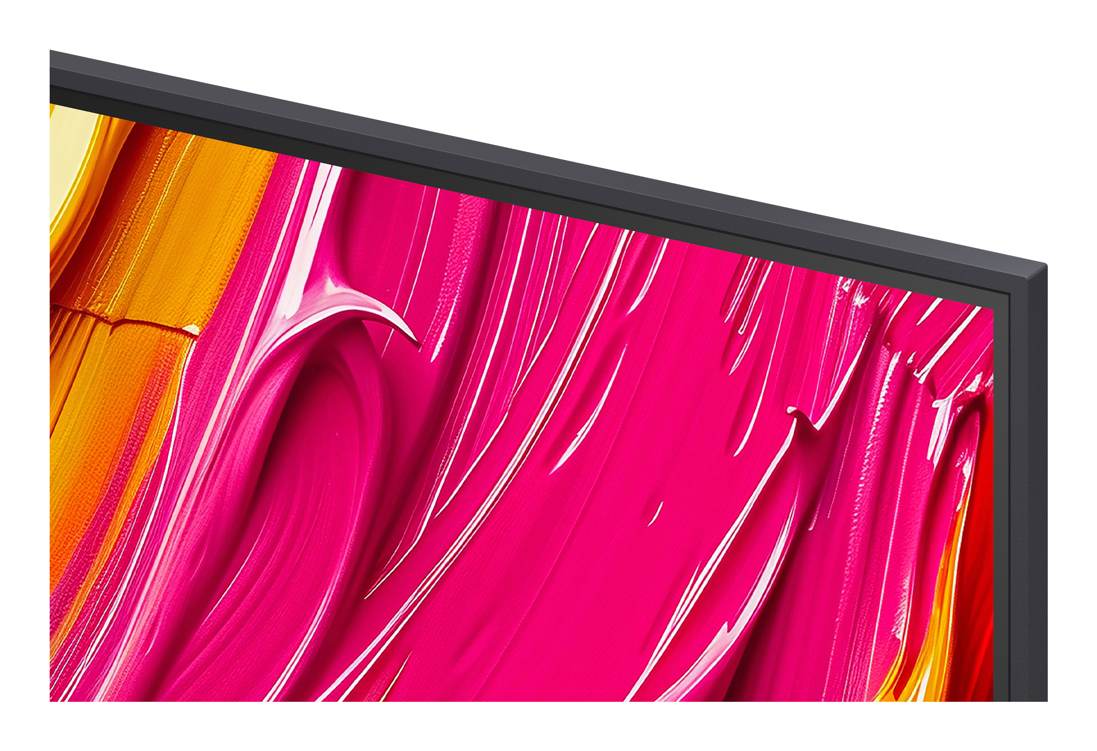 Primer plano de una pantalla de TV con arte abstracto. El arte presenta colores rosa, naranja y blanco fluidos. Marco gris oscuro.