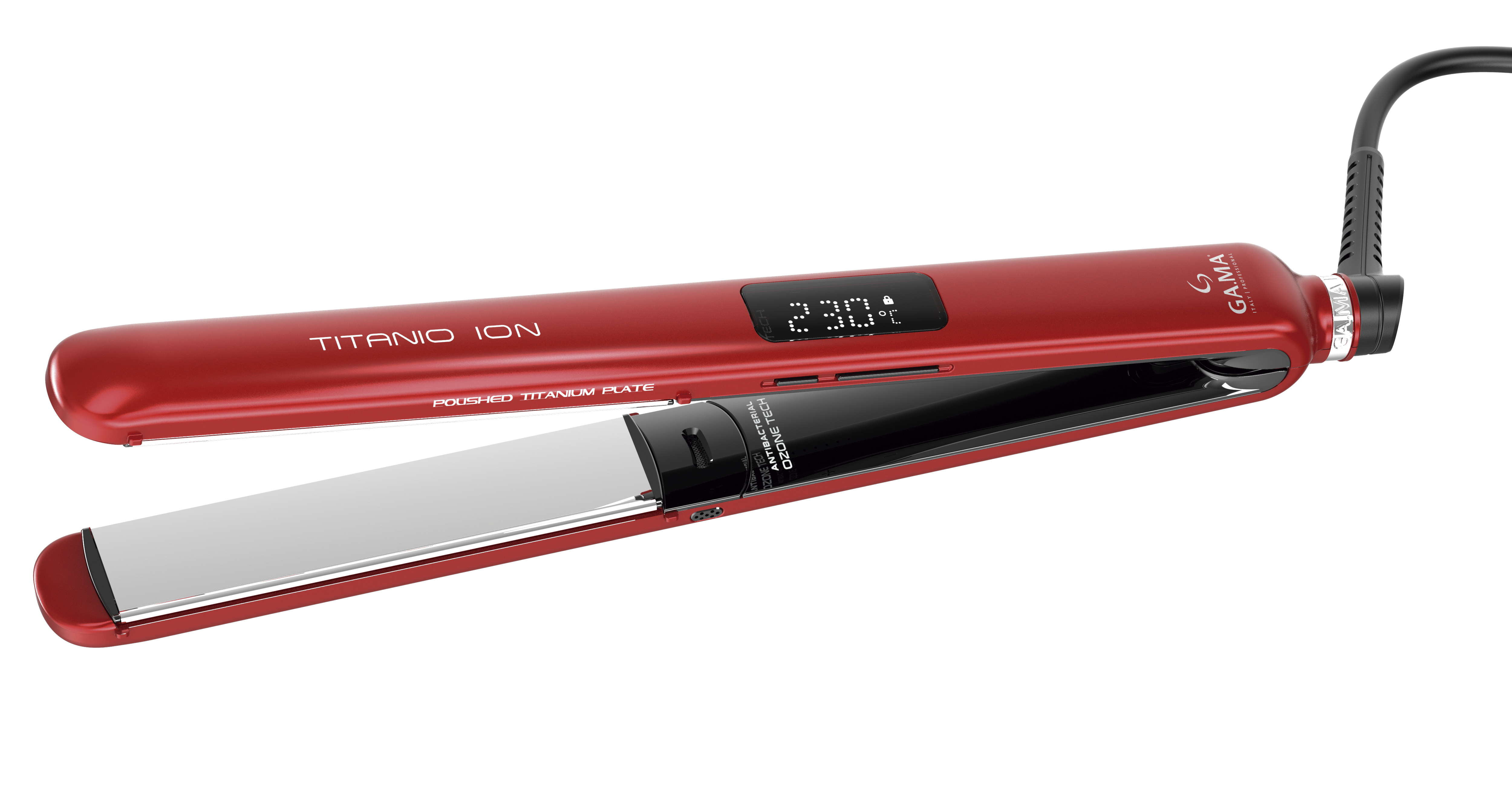 Piastra per capelli rossa con piastre in titanio. Ha un display digitale che mostra la temperatura. Il marchio è GA.MA.