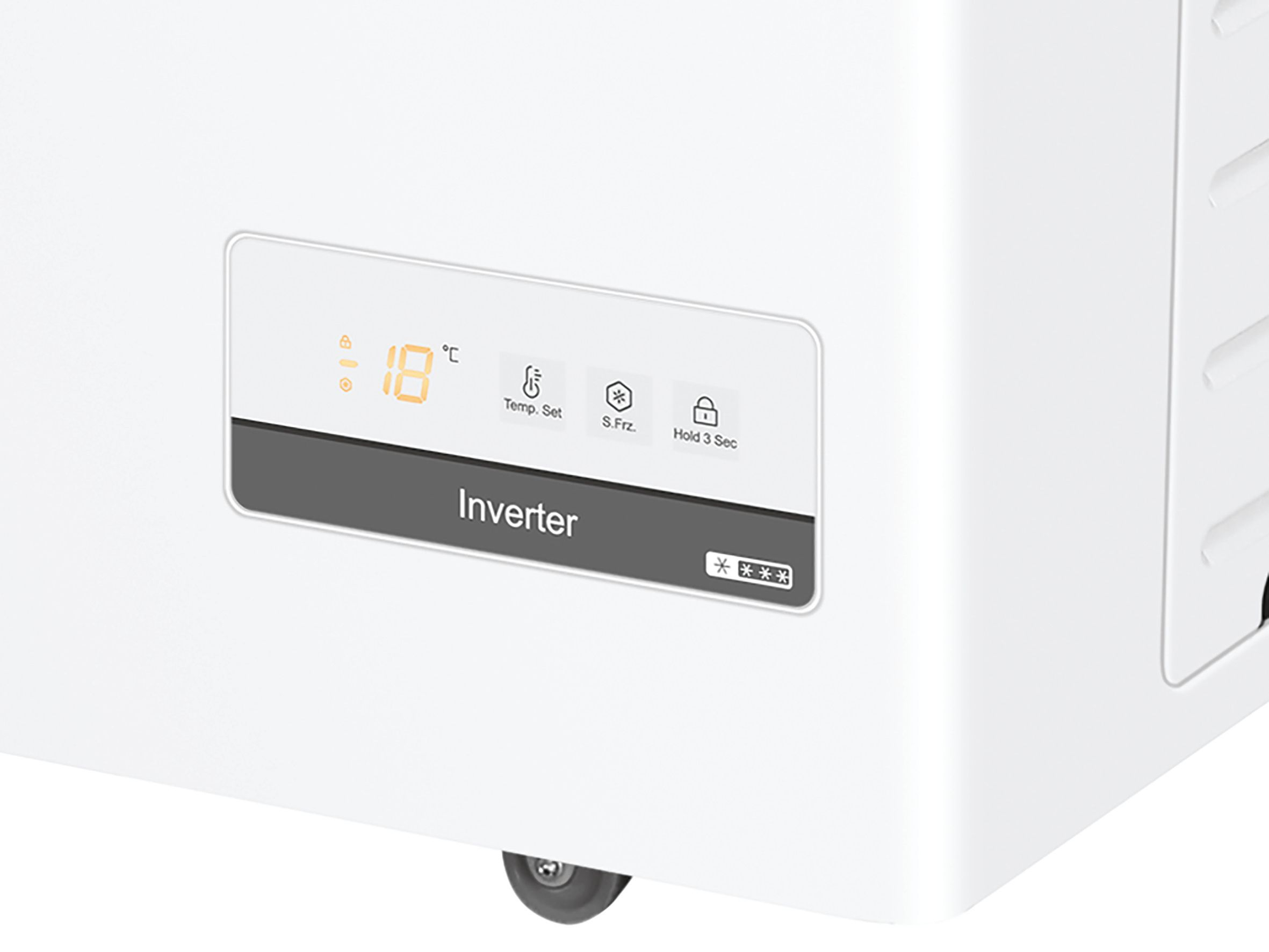 Freezer bianco con display digitale della temperatura, pannello comandi con icone e ruota.