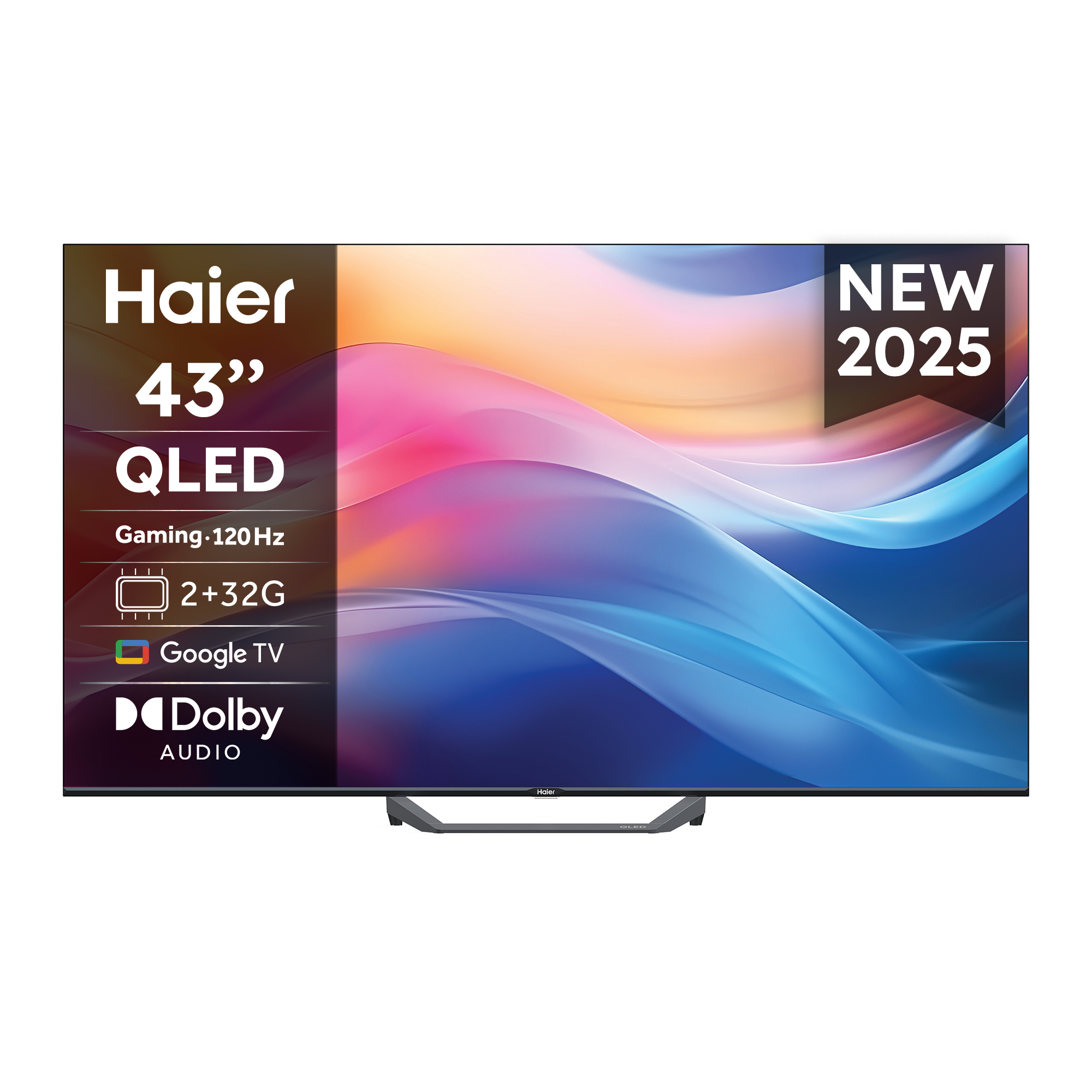 Un televisor Haier QLED de 43", con etiqueta 'Nuevo 2025'. Incluye Dolby Audio y Google TV.