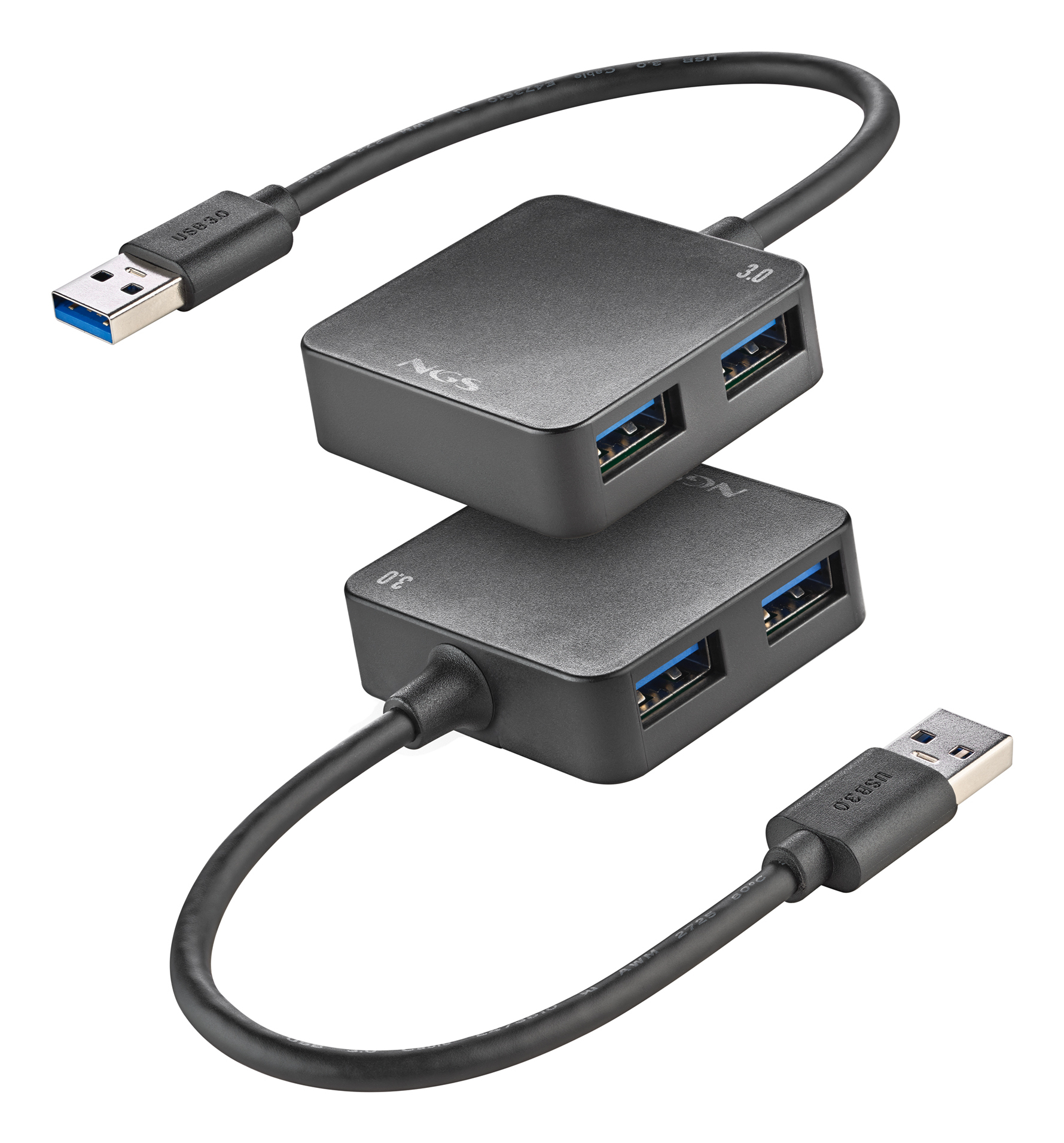 Zwei schwarze USB 3.0-Hubs gestapelt. Jeder Hub hat zwei Anschlüsse mit Kabeln, die sich zu USB-Anschlüssen erstrecken. Der Hintergrund ist weiß.