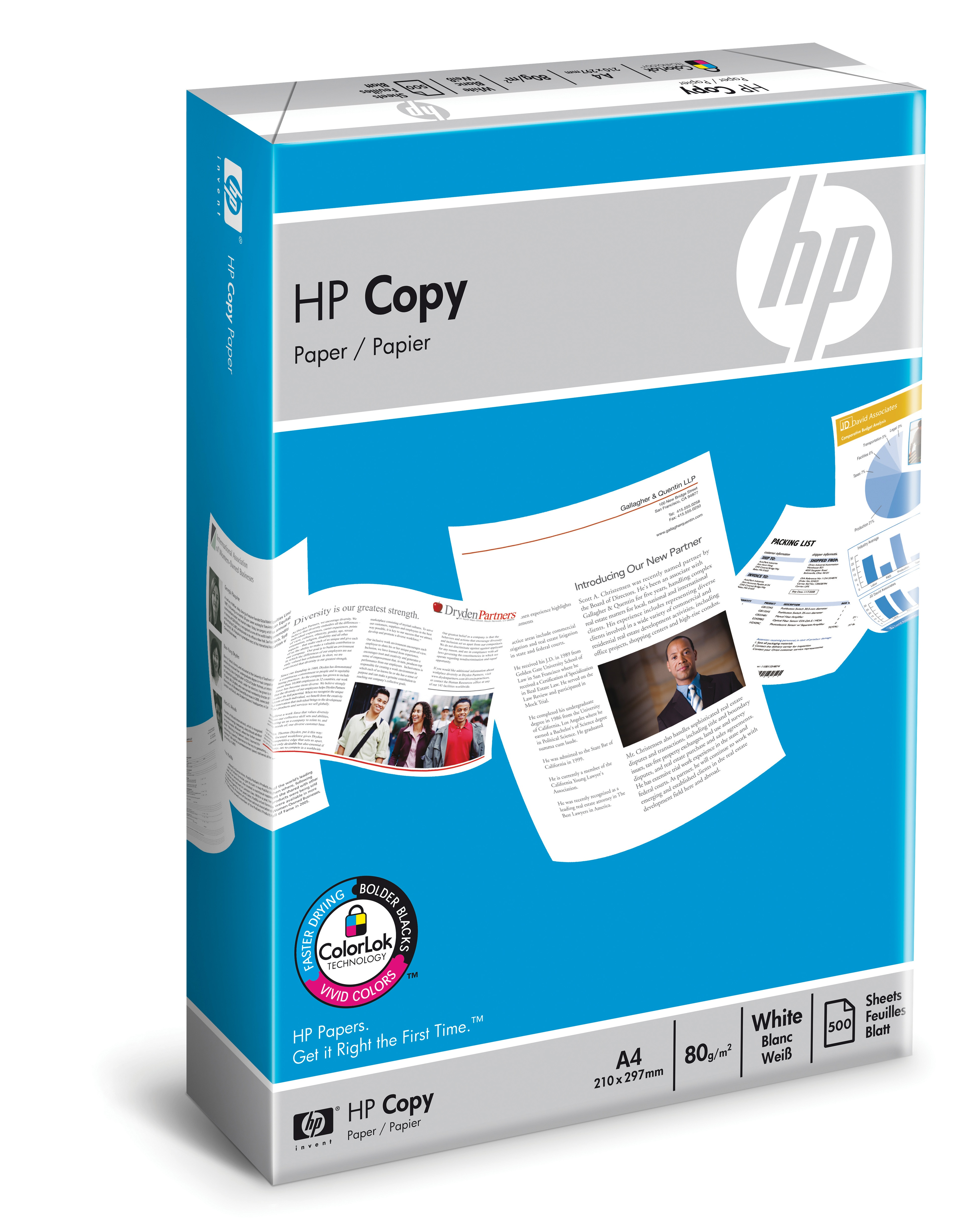 Eine Schachtel HP-Kopierpapier mit gedruckten Dokumenten und Diagrammen. Das HP-Logo ist sichtbar.
