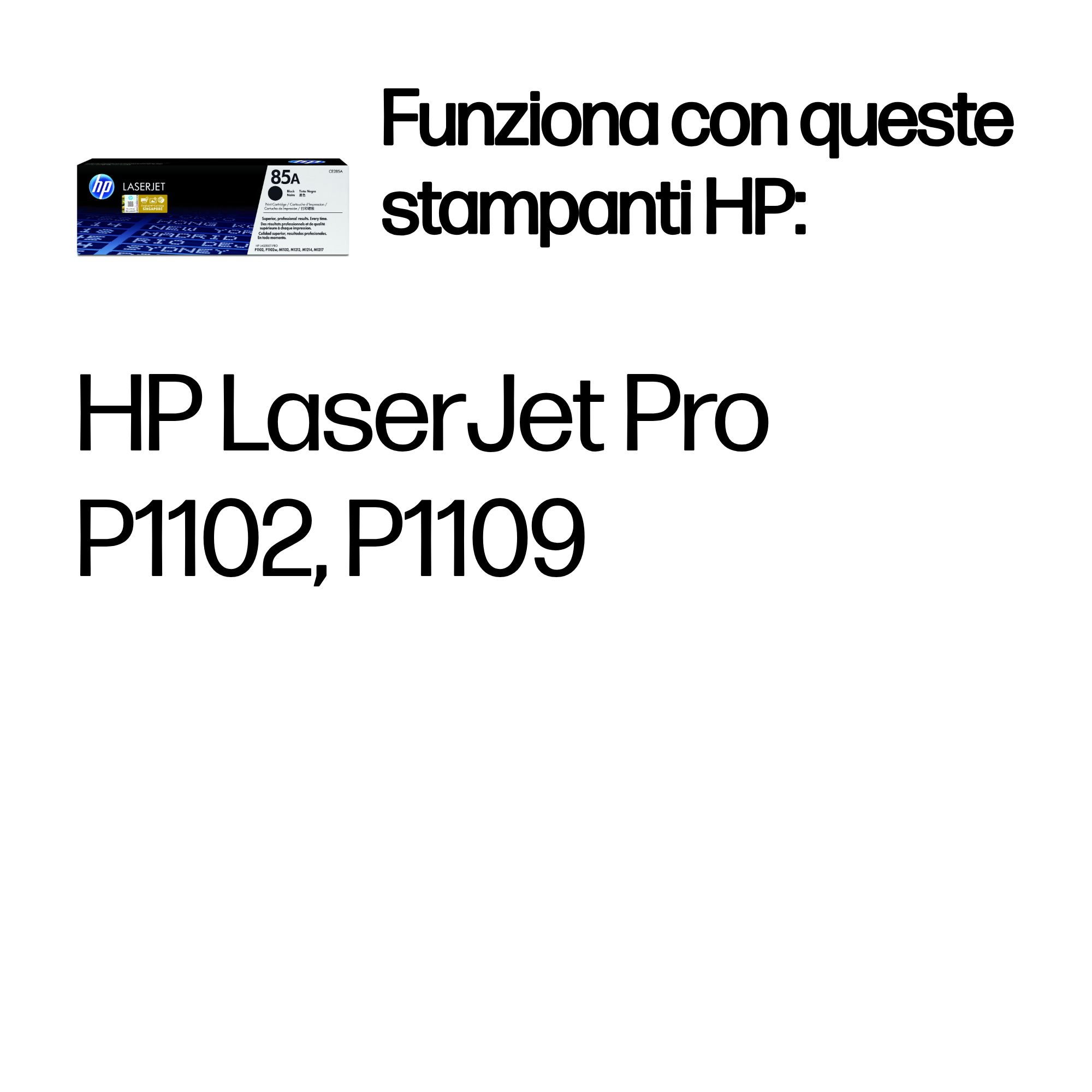 Obraz przedstawia toner HP 85A oraz tekst: Funziona con queste stampanti HP: HP LaserJet Pro P1102, P1109.