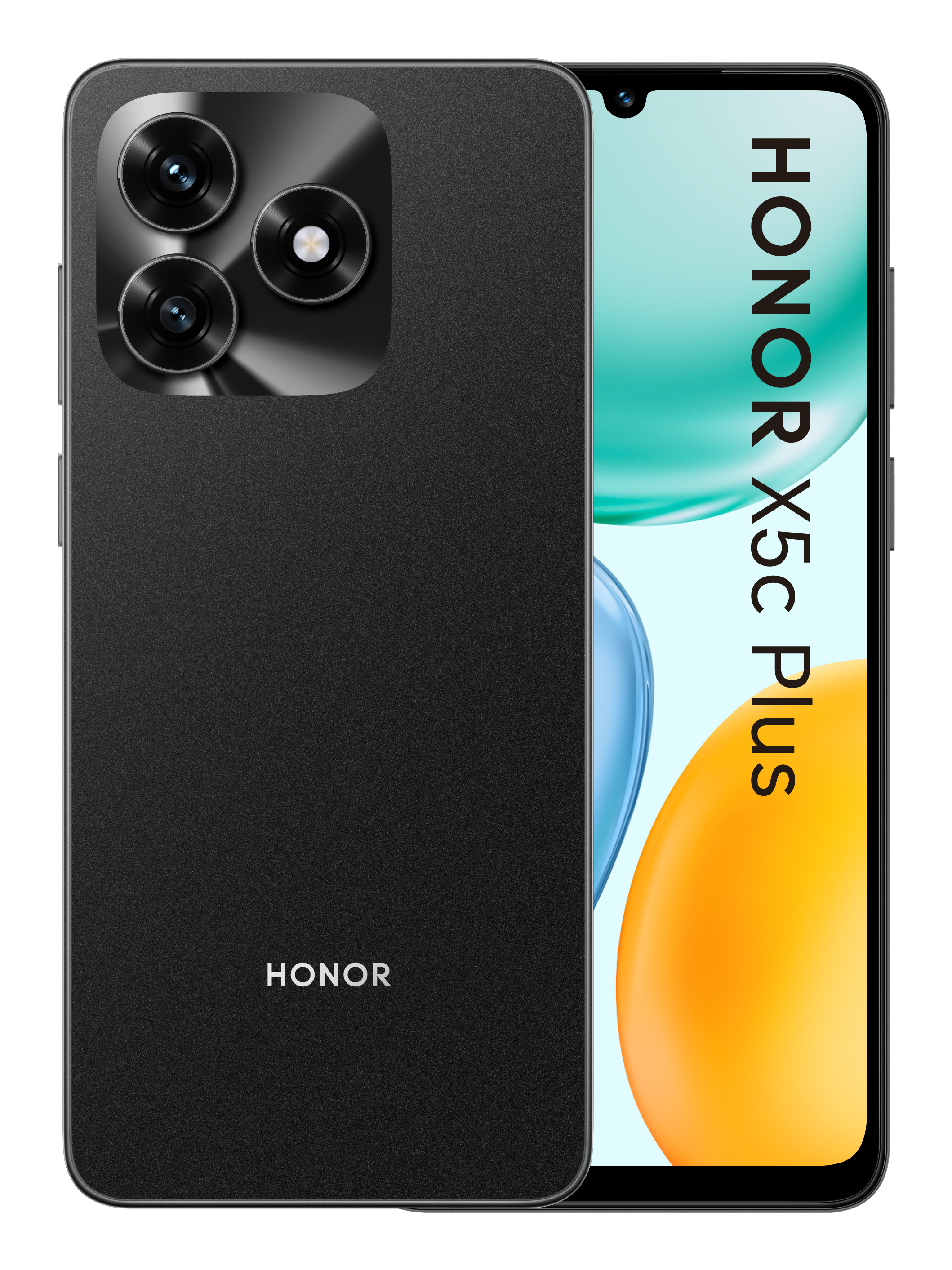Telefono nero Honor X5c Plus. Dispone di tre fotocamere, schermo con il nome e il logo Honor.