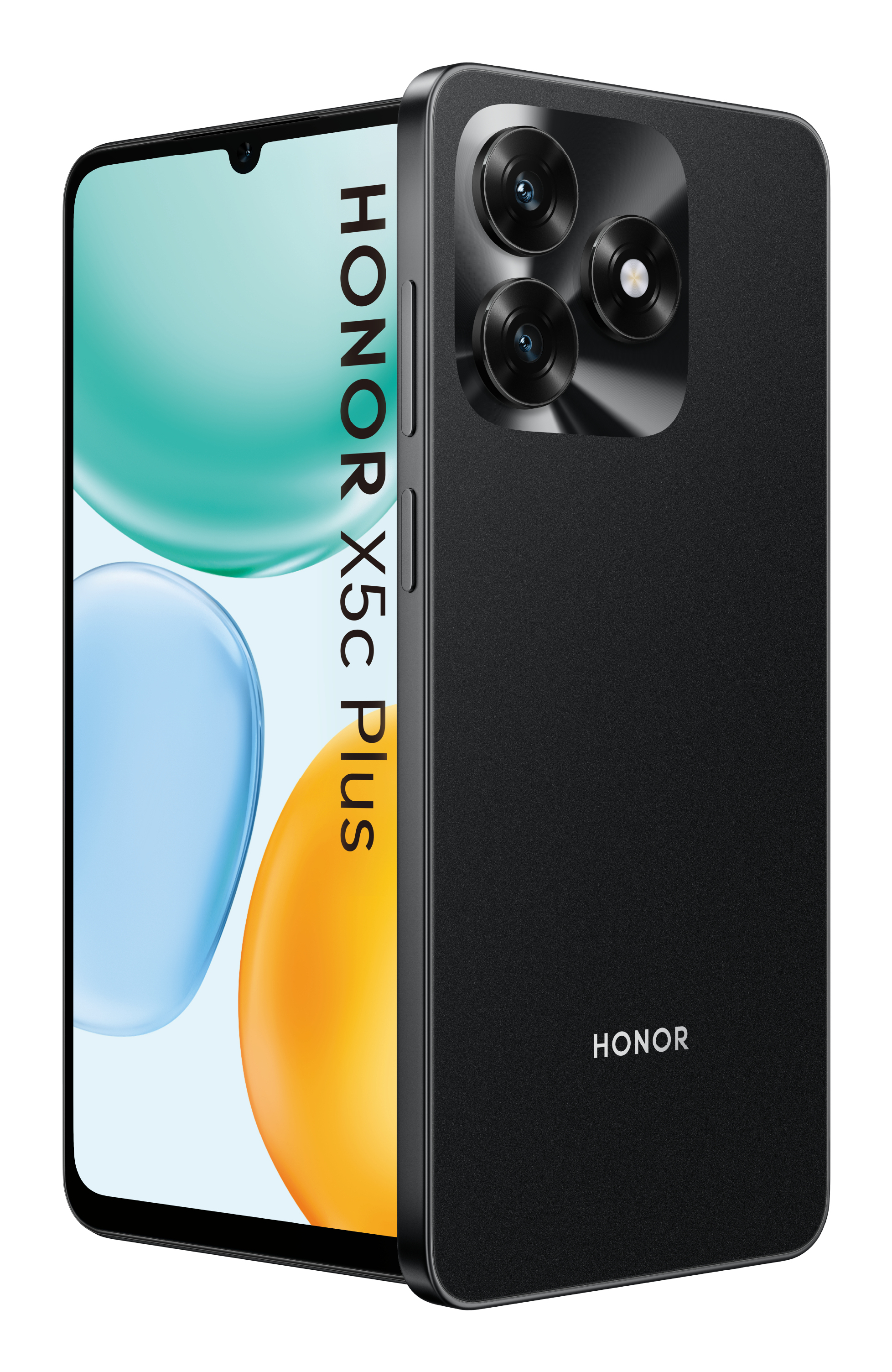 Uno smartphone Honor X5c Plus nero. Lo schermo mostra forme colorate. Il retro ha tre obiettivi.