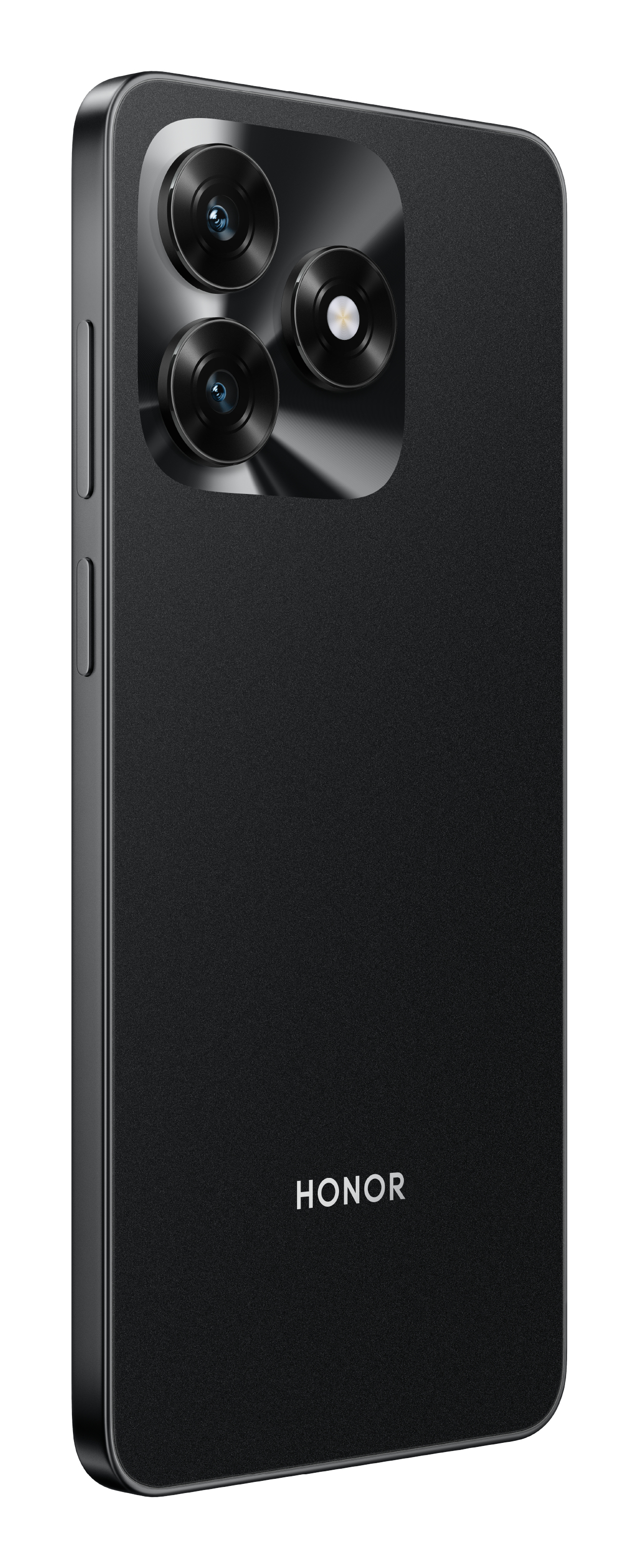 Uno smartphone HONOR nero. Ha tre obiettivi e il marchio HONOR è stampato in basso.