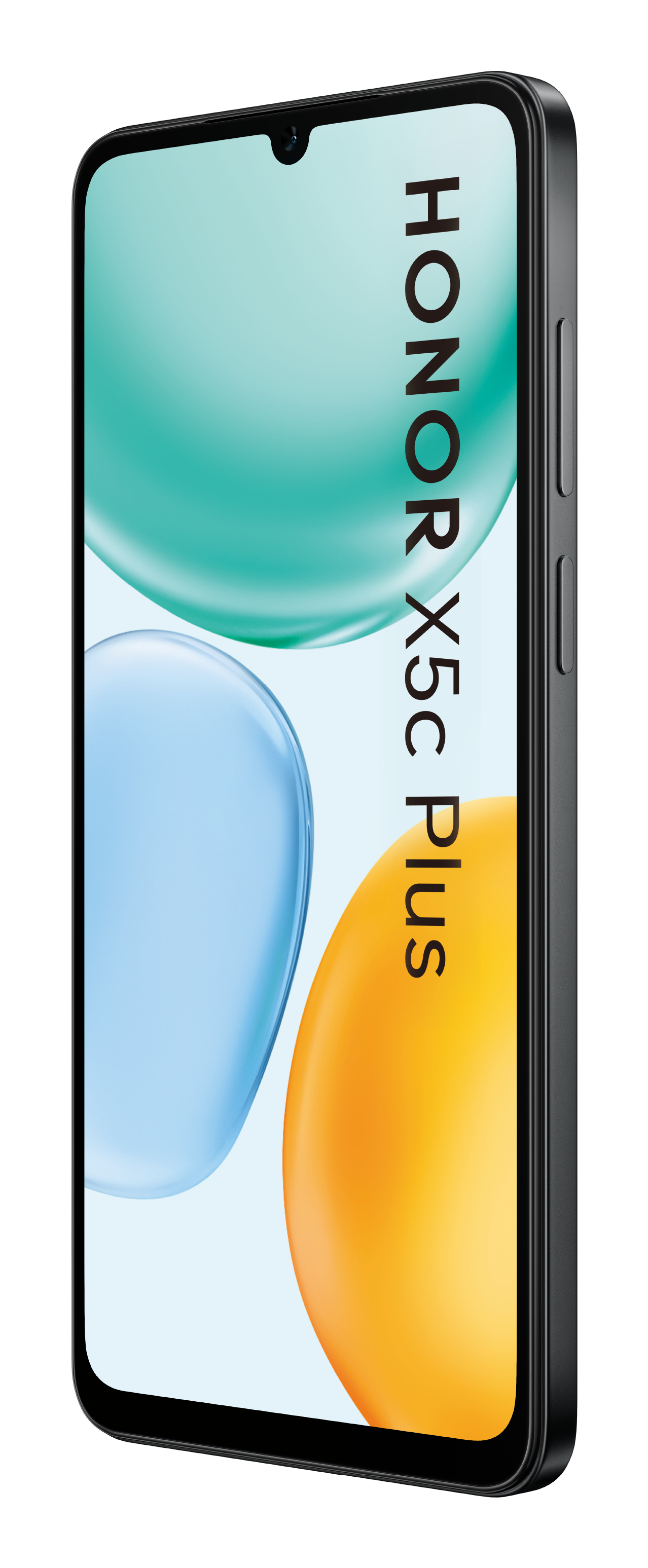 Smartphone nero con la scritta HONOR X5c Plus. Il display mostra forme astratte in turchese, blu e giallo.