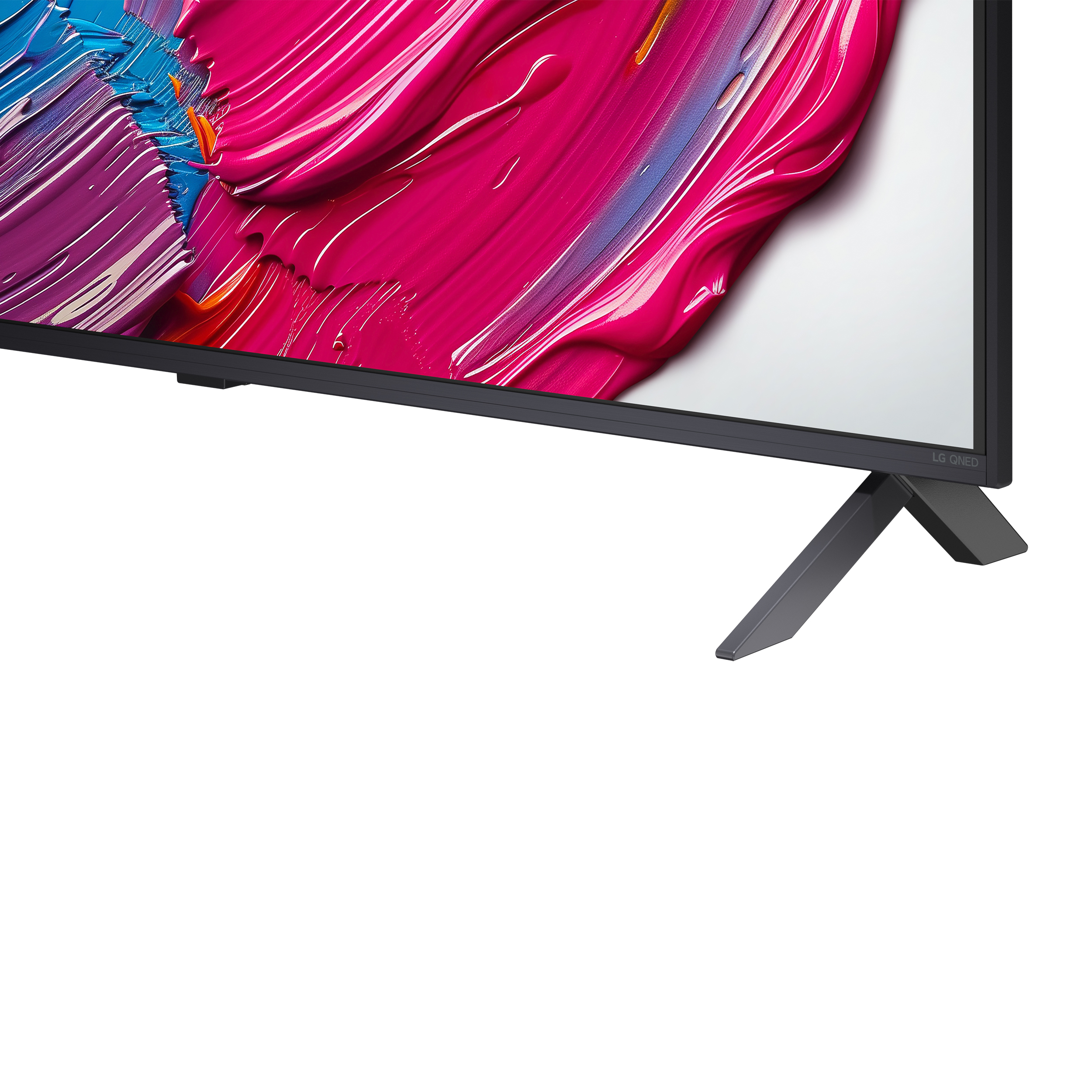 Fernseher mit bunten Farbstrichen auf dem Bildschirm. Der Fernseher ist schwarz, mit einem Ständer auf weißem Hintergrund.
