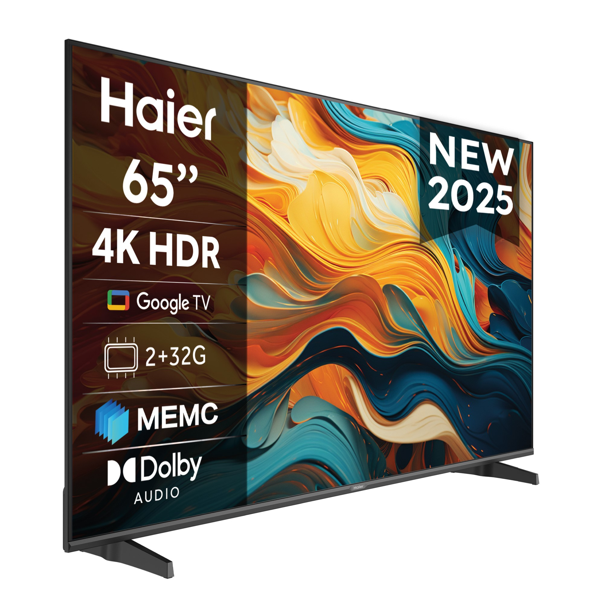 Un televisor Haier 65" 4K HDR. Incluye Google TV, 2+32G, MEMC y Dolby Audio. Es un nuevo modelo 2025.