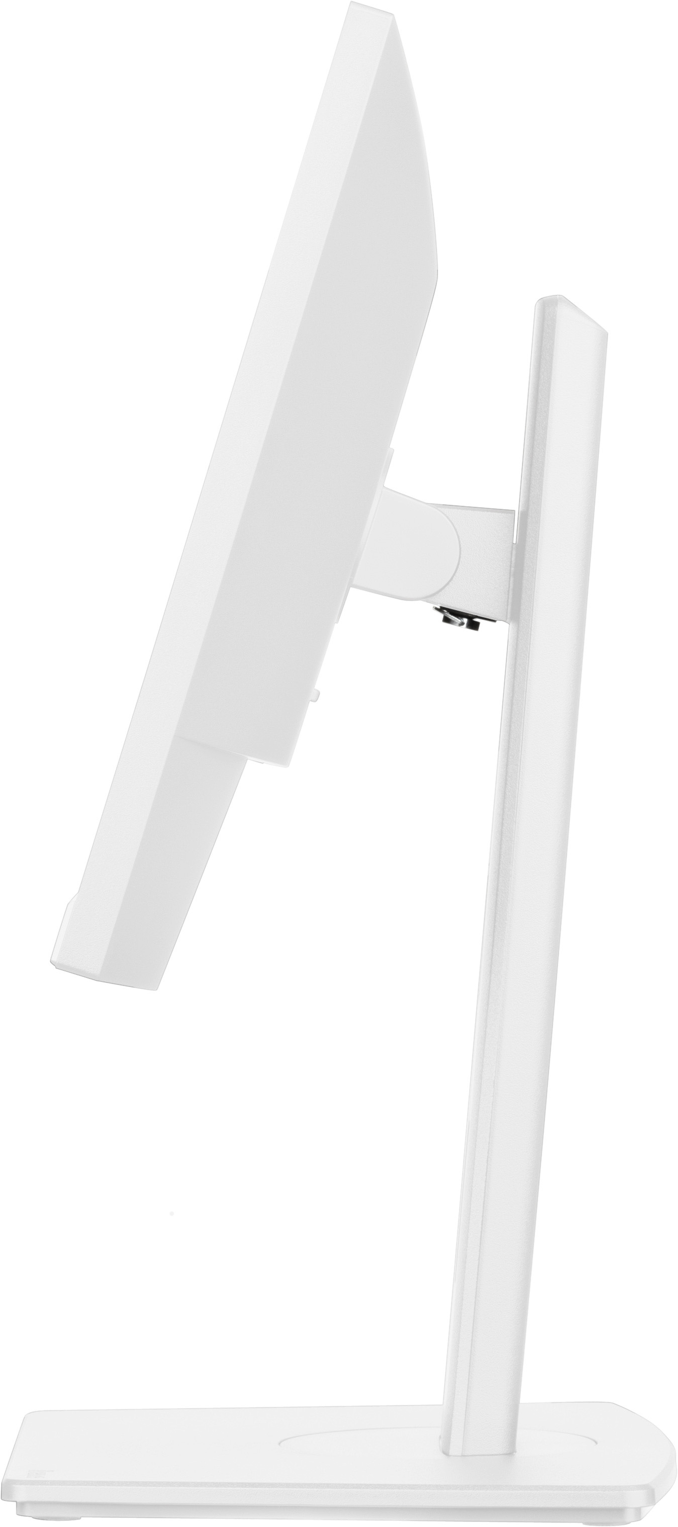 Biały monitor komputera z profilu, pokazujący ekran, podstawę i ramię połączeniowe. Tło jest białe.