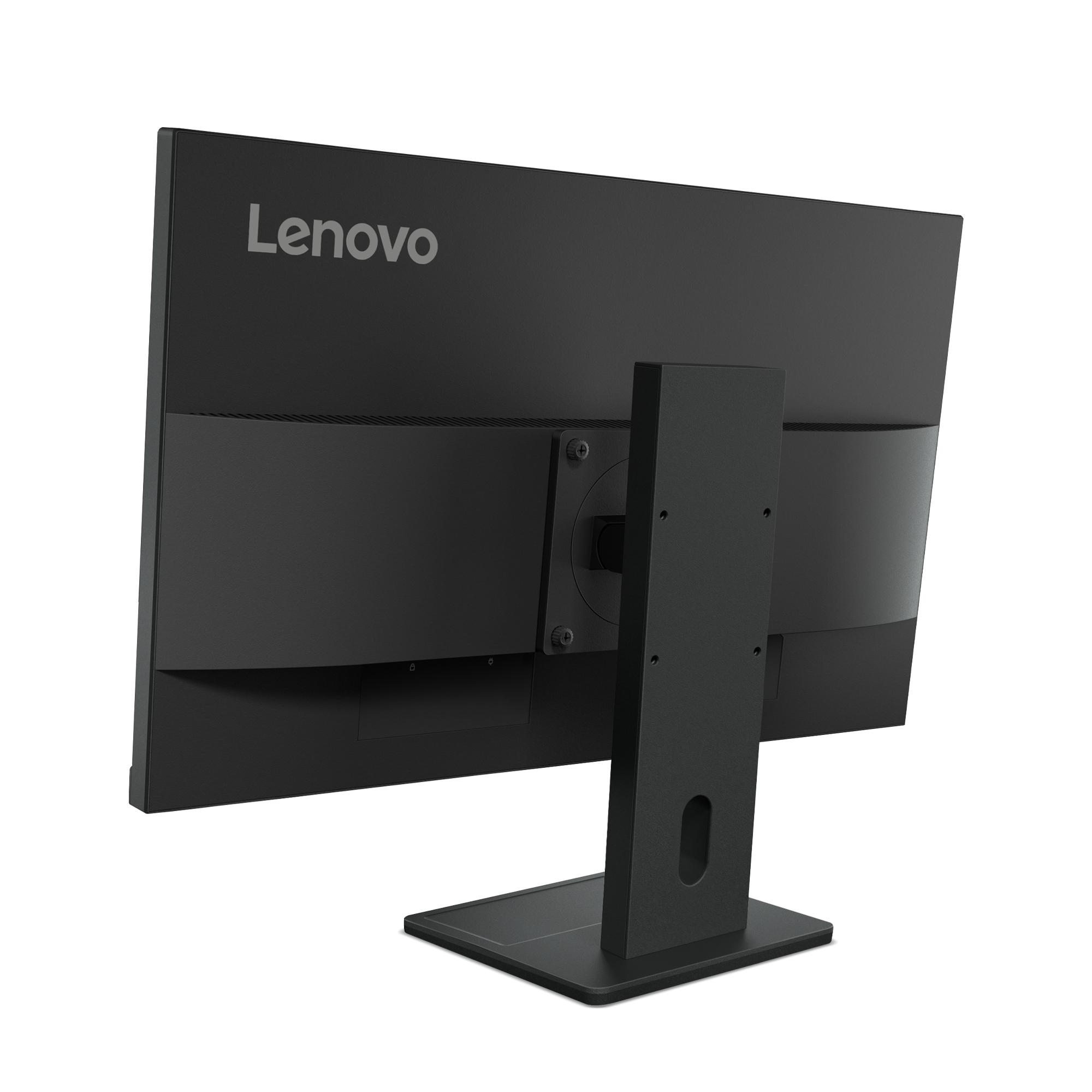 Rückansicht eines schwarzen Lenovo-Monitors auf weißem Hintergrund. Der Monitor hat einen Ständer und das Lenovo-Logo ist sichtbar.