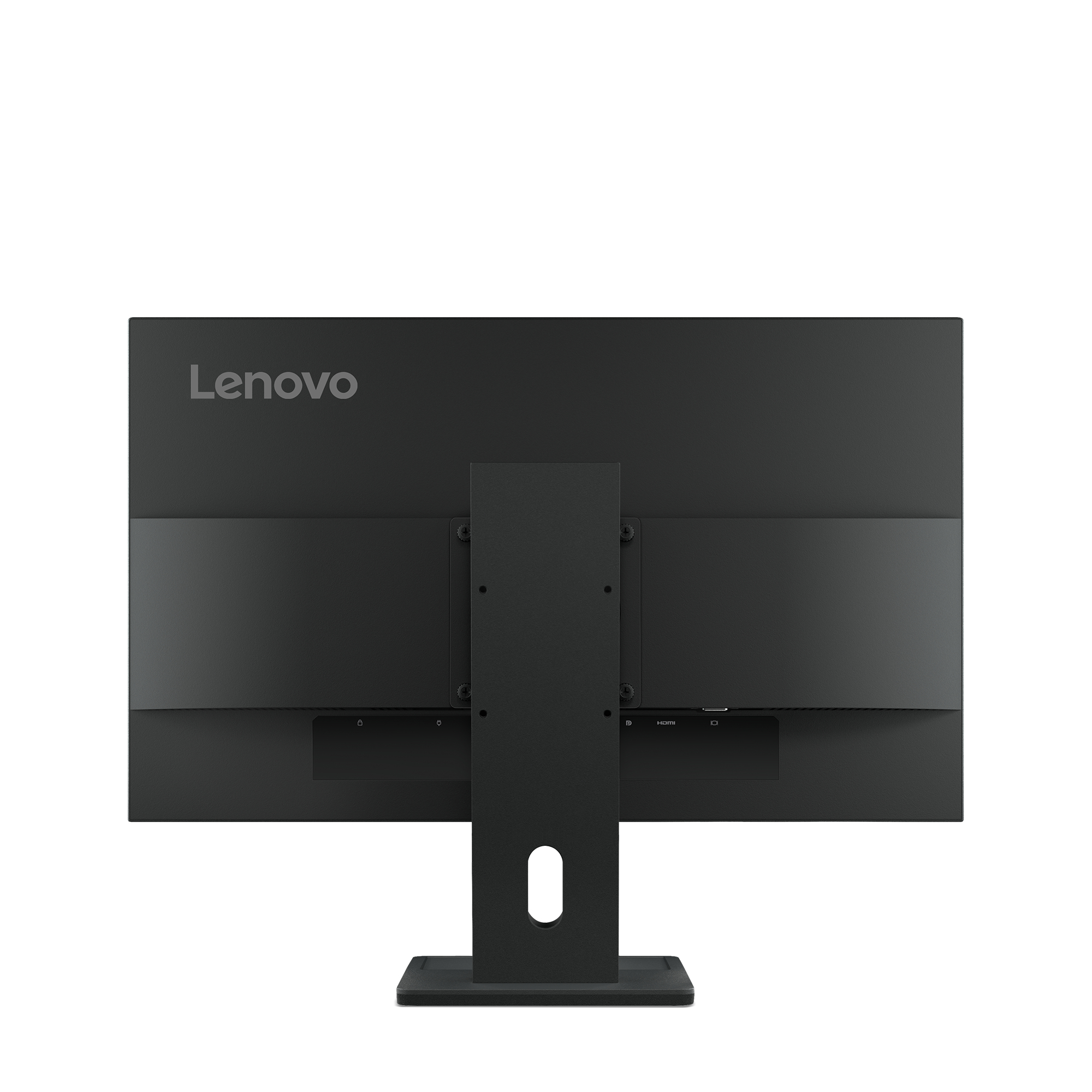 Rückansicht eines schwarzen Lenovo-Monitors mit Ständer. Der Markenname ist oben links sichtbar.