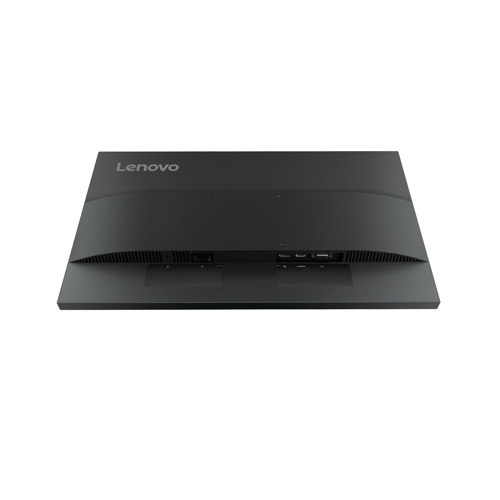 Rückansicht eines schwarzen Lenovo-Monitors mit Anschlüssen und Markenlogo oben.