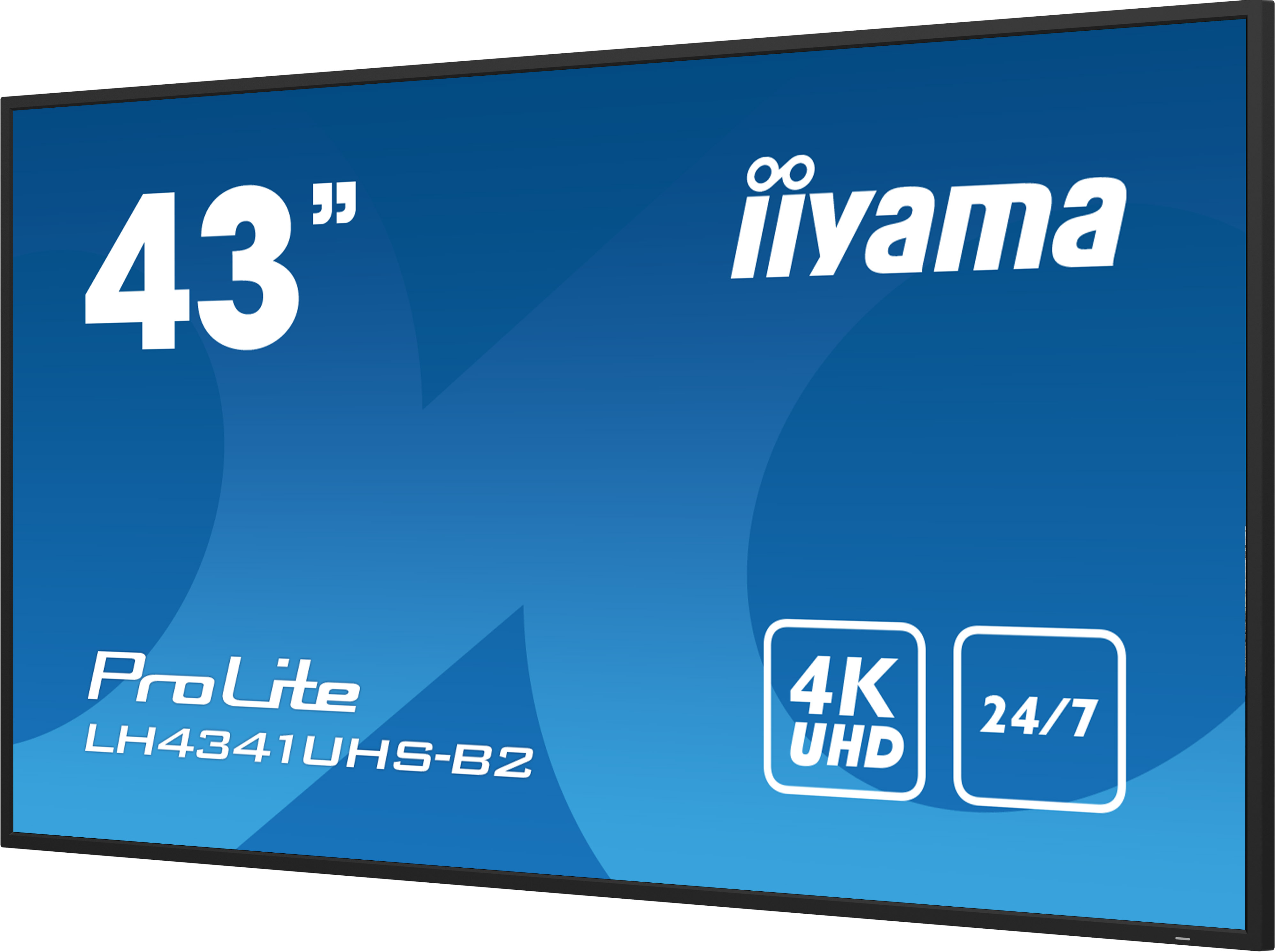 43-calowy ekran iiyama ProLite. Posiada 4K UHD i pracę 24/7. Ekran ma czarną ramkę z niebieskim tłem.