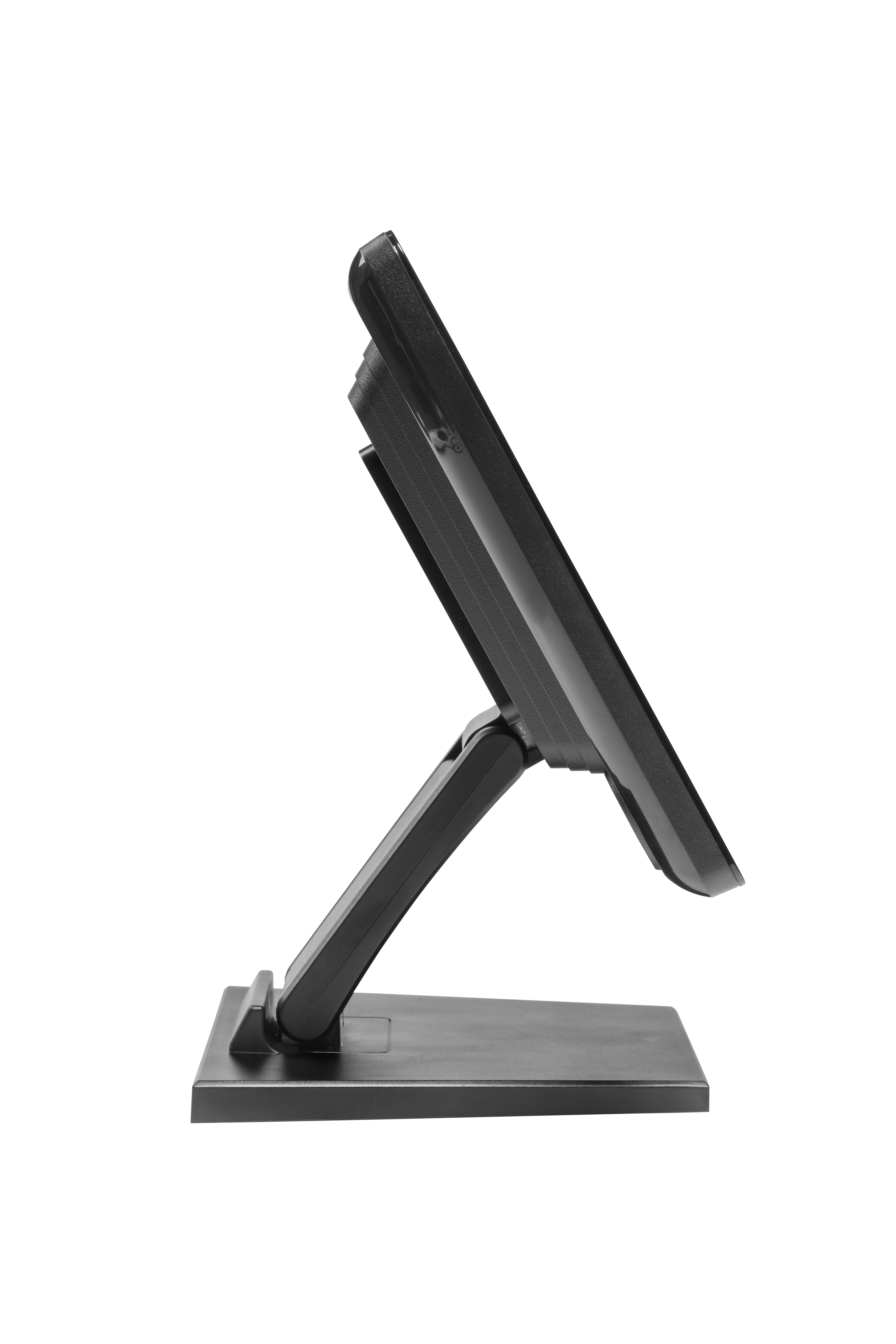 Un monitor de ordenador negro sobre un soporte, en ángulo lateral. El fondo es blanco.