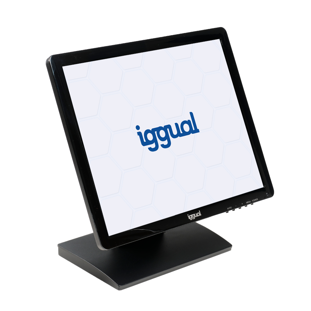 Un monitor de computadora negro que muestra la palabra 'iggual' en azul. El monitor está en ángulo con una base negra.