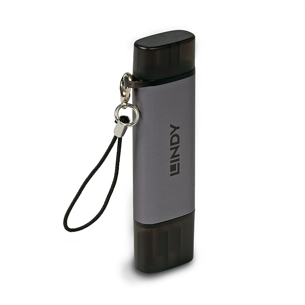 Szara pamięć USB LINDY z czarną nasadką i smyczą. Znajduje się na białym tle.