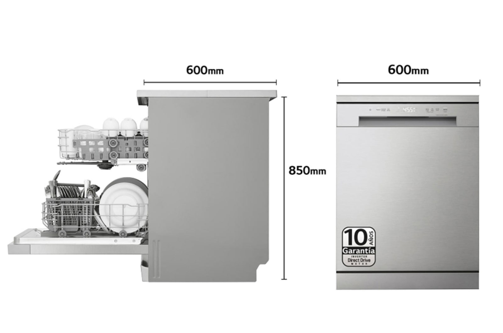 Zmywarka, otwarta, aby pokazać półki z naczyniami. Wymiary to 600 mm szerokości i 850 mm wysokości. Wykończenie ze stali nierdzewnej.