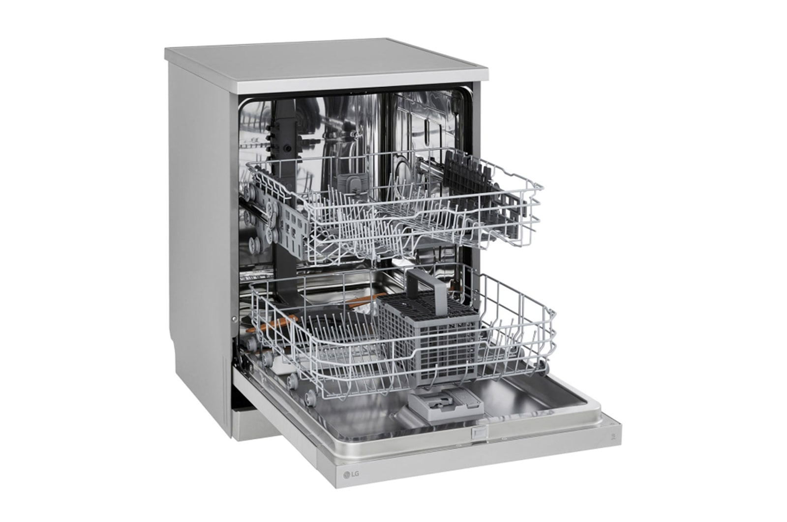Srebrna zmywarka z otwartymi drzwiami, odsłaniająca dwa kosze na naczynia. Górny kosz zawiera przybory kuchenne.