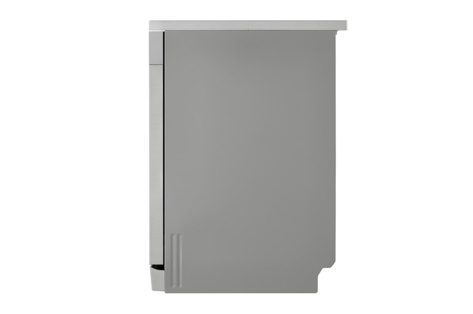 Widok z boku szarego urządzenia. Ma jasnoszarą górę, szary korpus i ciemną pionową linię po lewej stronie.