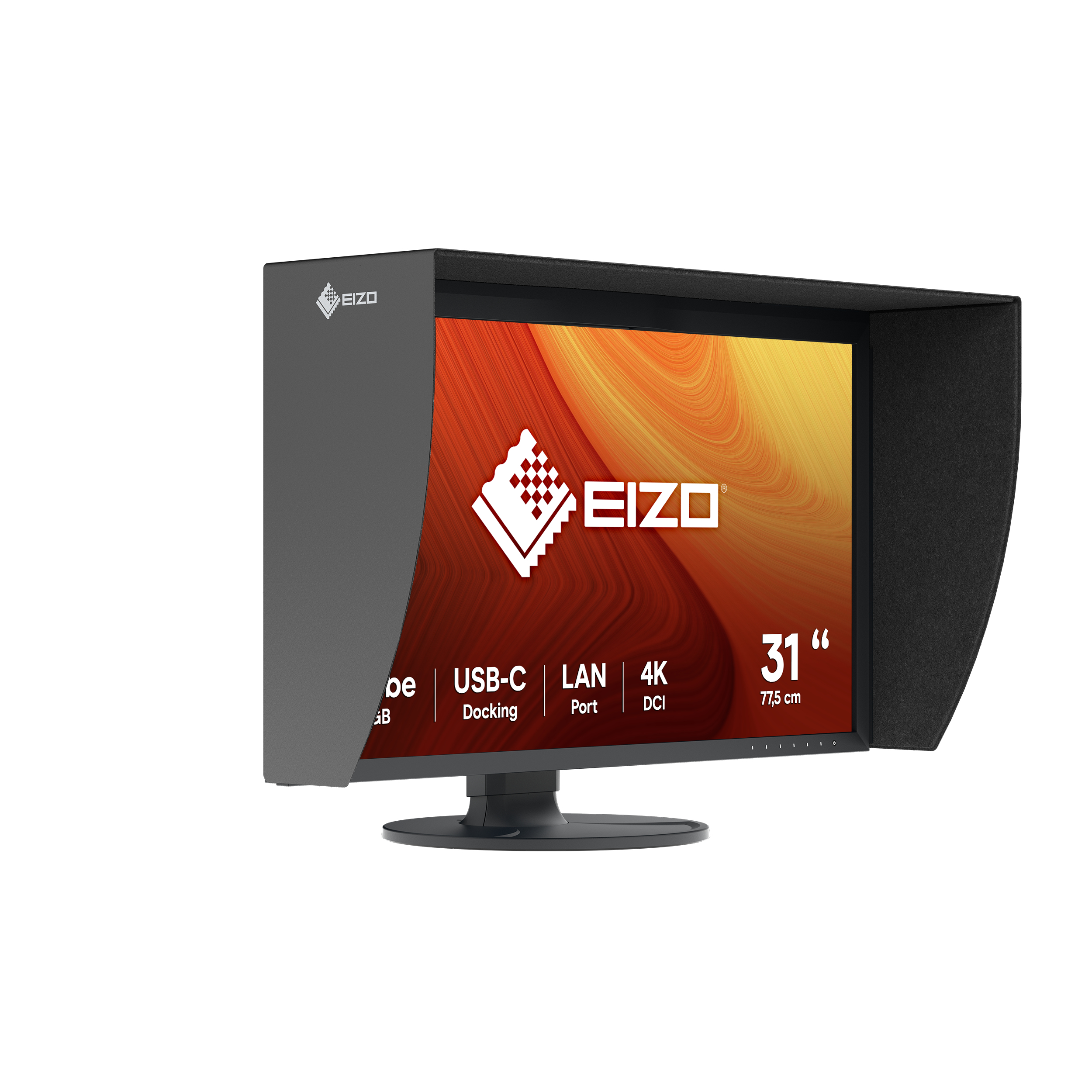 Un monitor de computadora con capucha. La pantalla muestra el logotipo de Eizo y las especificaciones. La pantalla tiene 31 pulgadas.