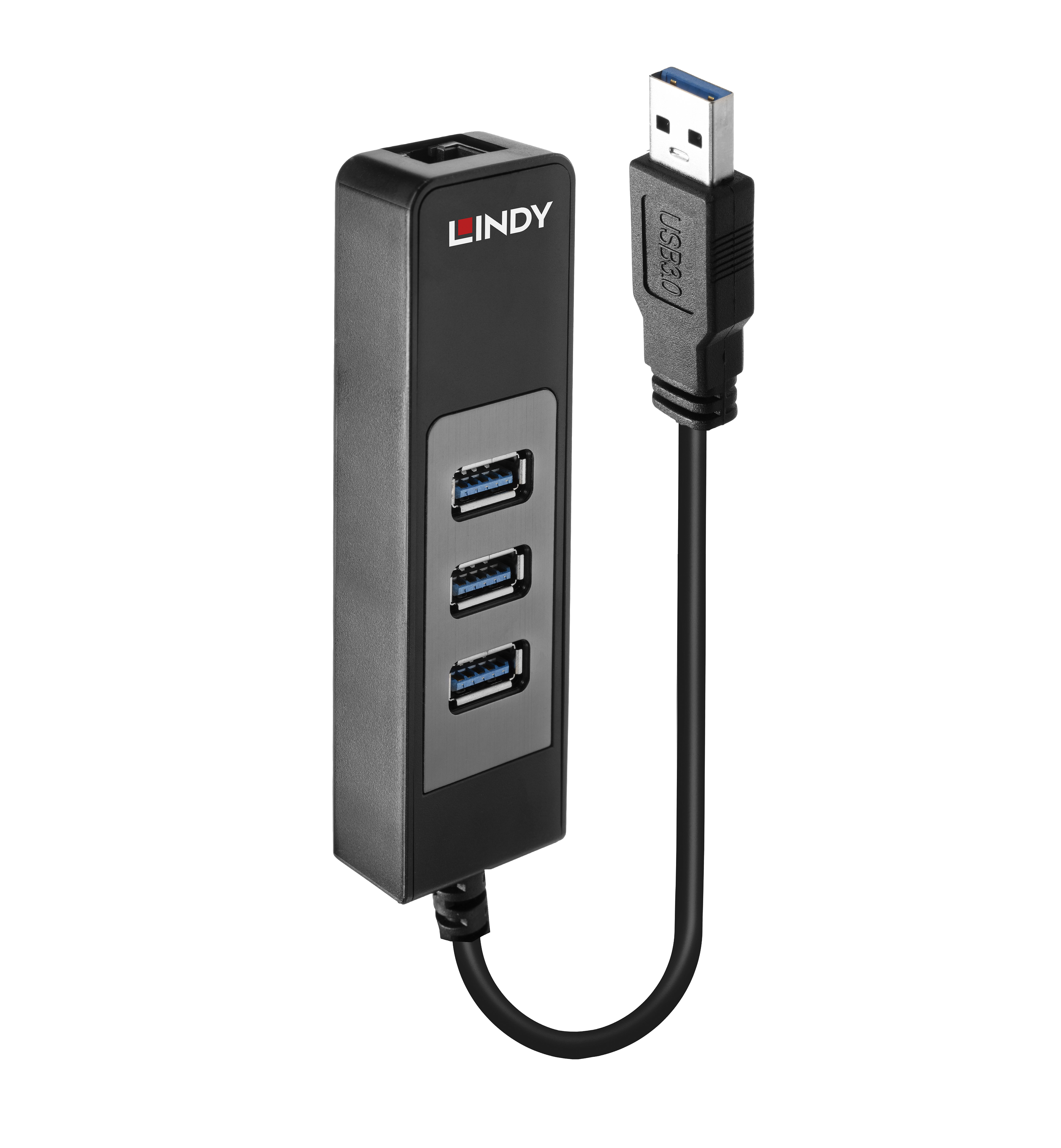 Ein schwarzer USB-Hub mit 3 Anschlüssen, einem USB 3.0-Anschluss und dem Lindy-Logo, alles auf weißem Hintergrund.