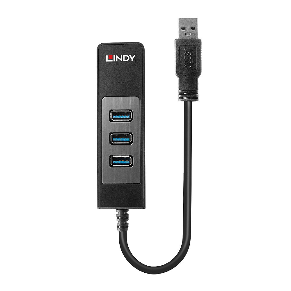 Ein schwarzer USB-Hub mit drei Anschlüssen und einem USB 3.0-Anschluss. Der Markenname Lindy ist sichtbar. Der Hub befindet sich auf weißem Hintergrund.