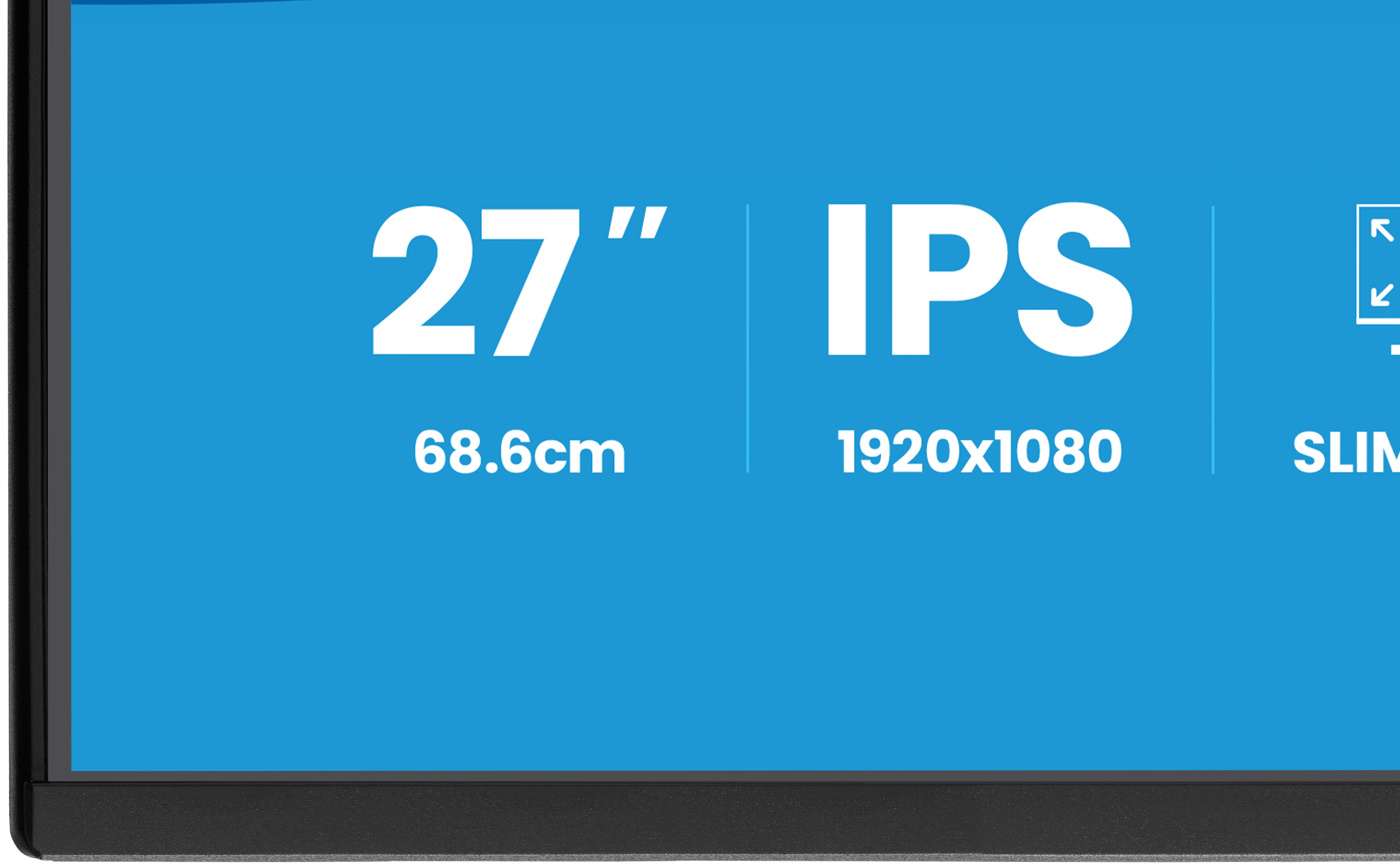 Monitor komputera z niebieskim ekranem wyświetla specyfikacje: 27", IPS, 1920x1080, 68,6 cm i SLIM.