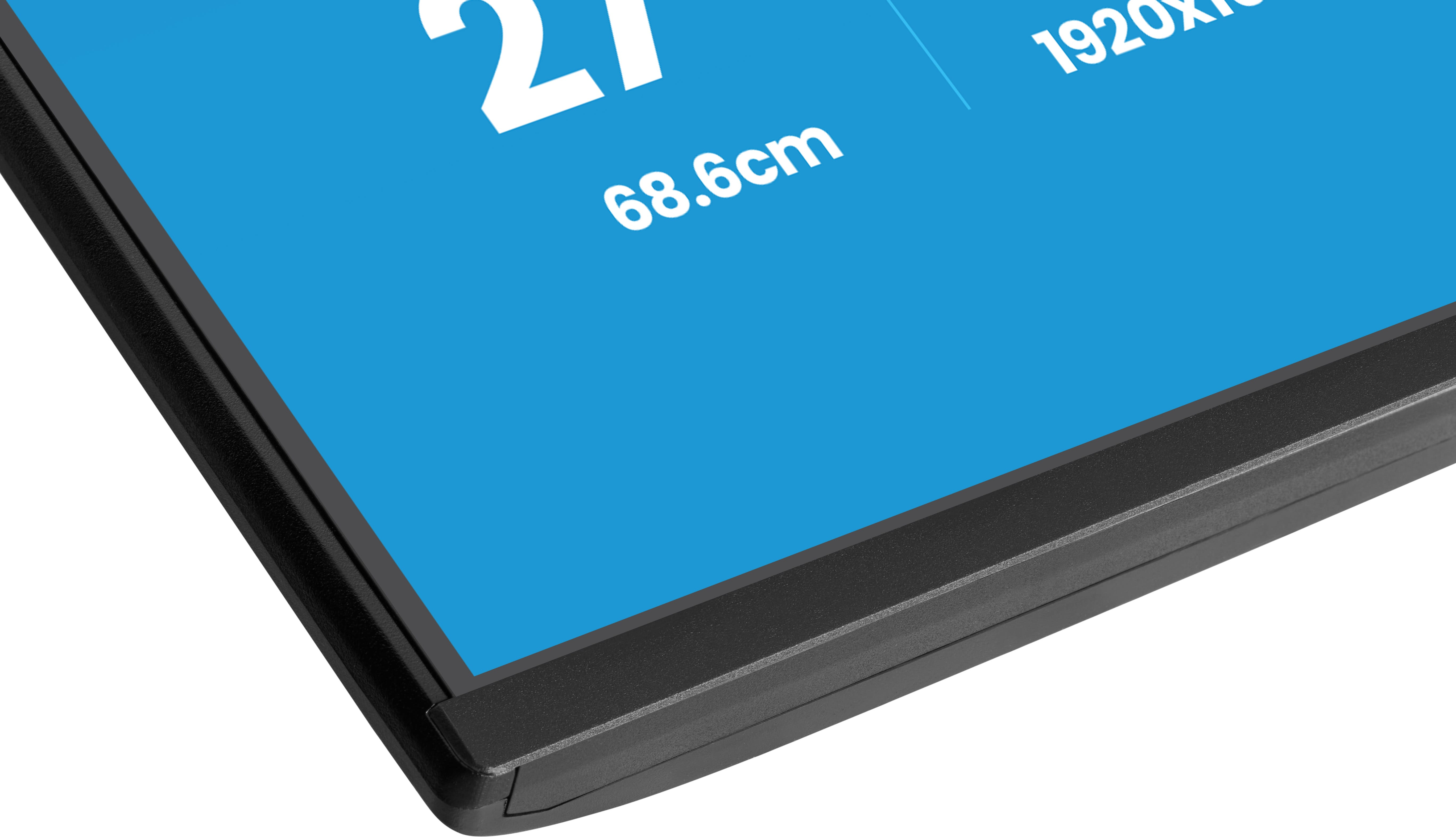 Zbliżenie monitora. Ekran jest niebieski z białym tekstem: 21, 68,6 cm i 1920x1080. Czarna ramka otacza ekran.